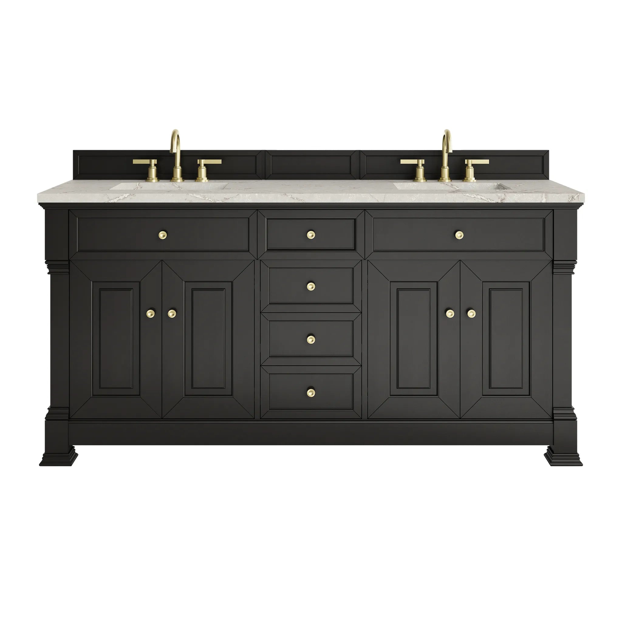72" Brookfield Double Vanity in Black Onyx w/FreePower Wireless Charger-Victorian Silver Silestone-8" Widespread image
