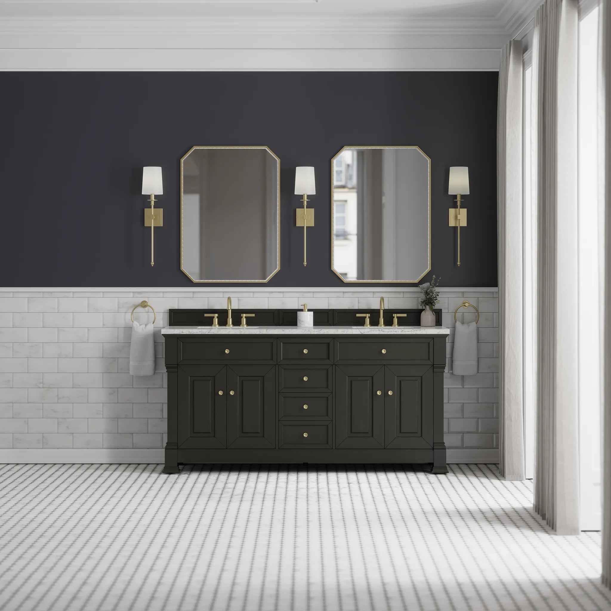 72" Brookfield Double Vanity in Black Onyx Wireless Charger-Eternal Jasmine Pearl Silestone-8" Widespread image 4