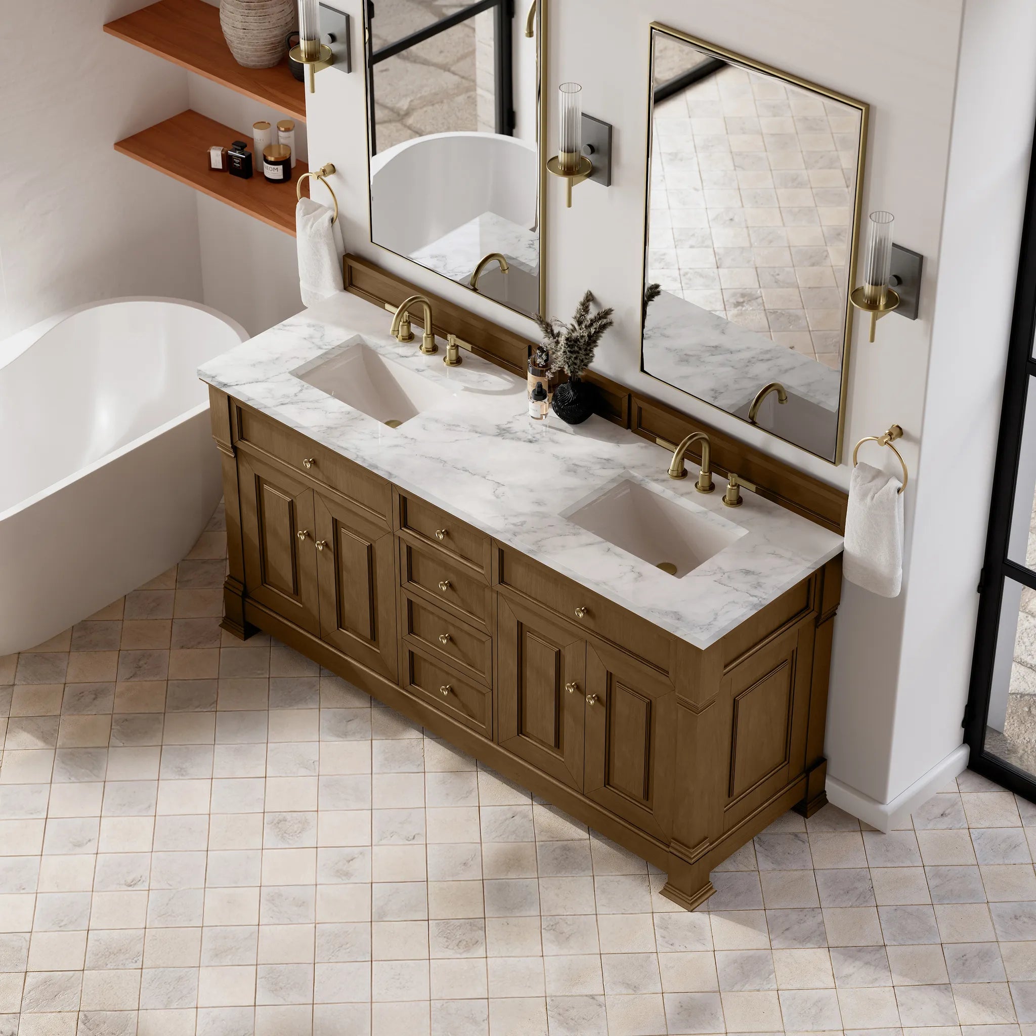 72" Brookfield Double Vanity in Honey Oak-Carrara White Marble-8" Widespread image 6