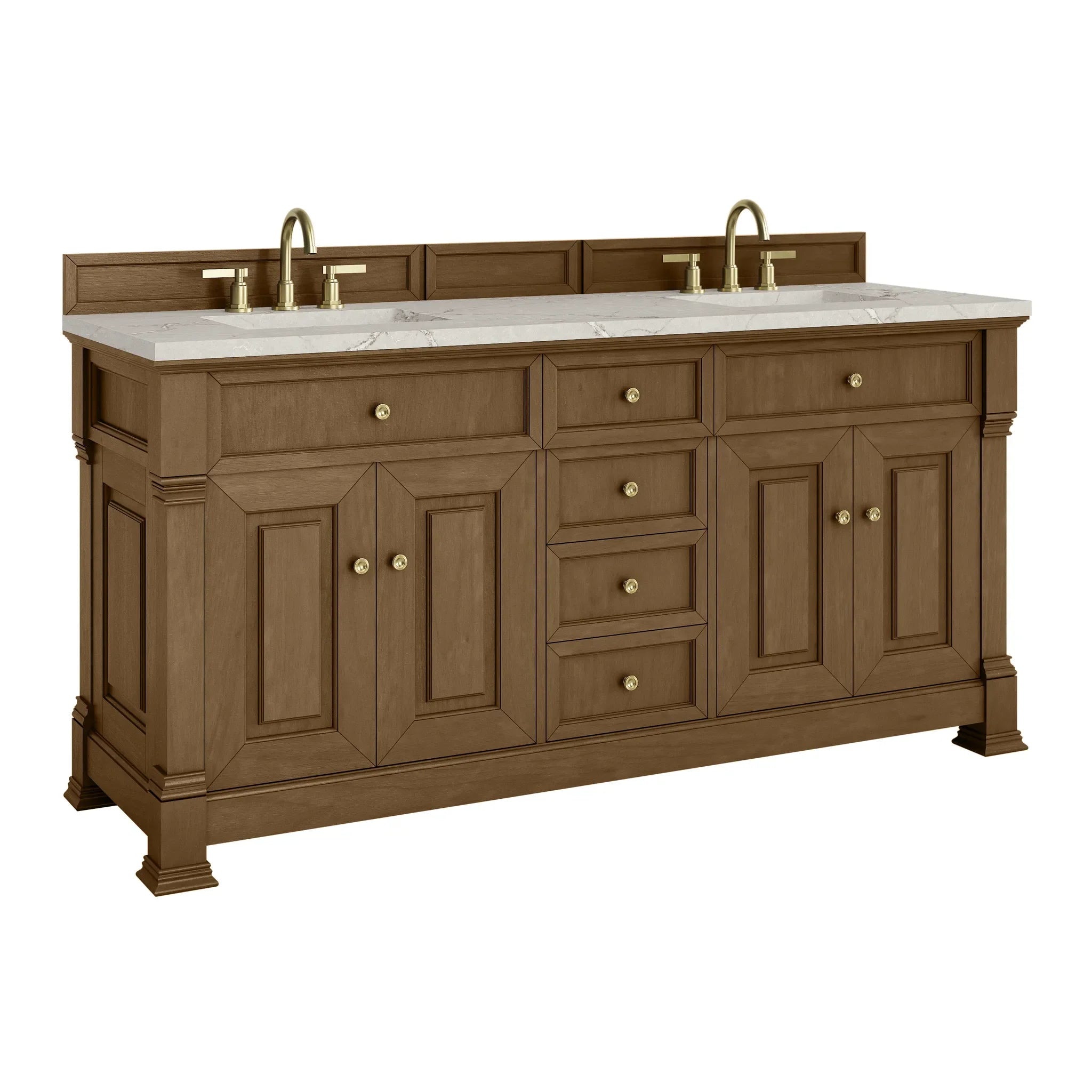 72" Brookfield Double Vanity in Honey Oak-Victorian Silver Silestone-8" Widespread image 9