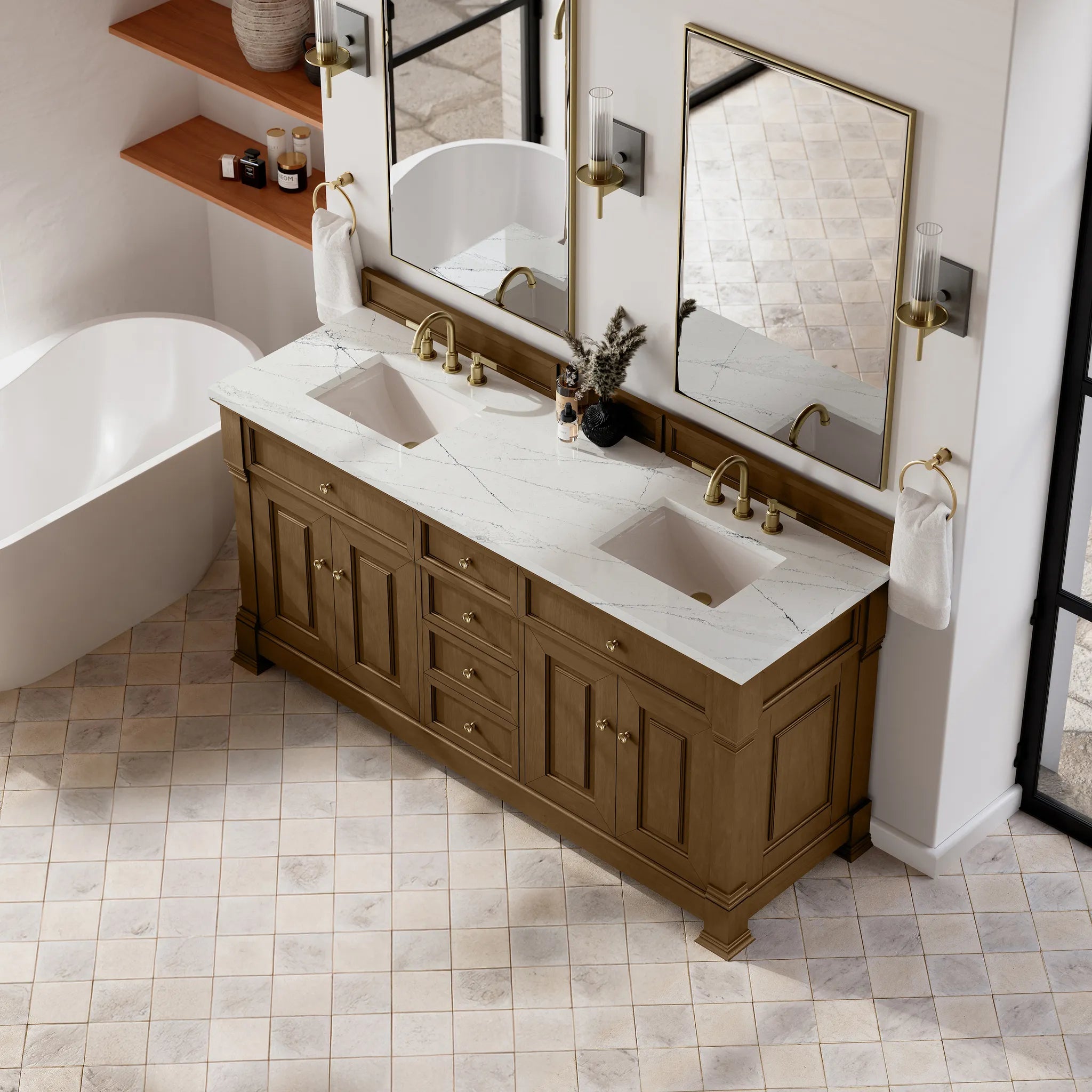 72" Brookfield Double Vanity in Honey Oak w/FreePower Wireless Charger-Ethereal Noctis Silestone-8" Widespread image 8