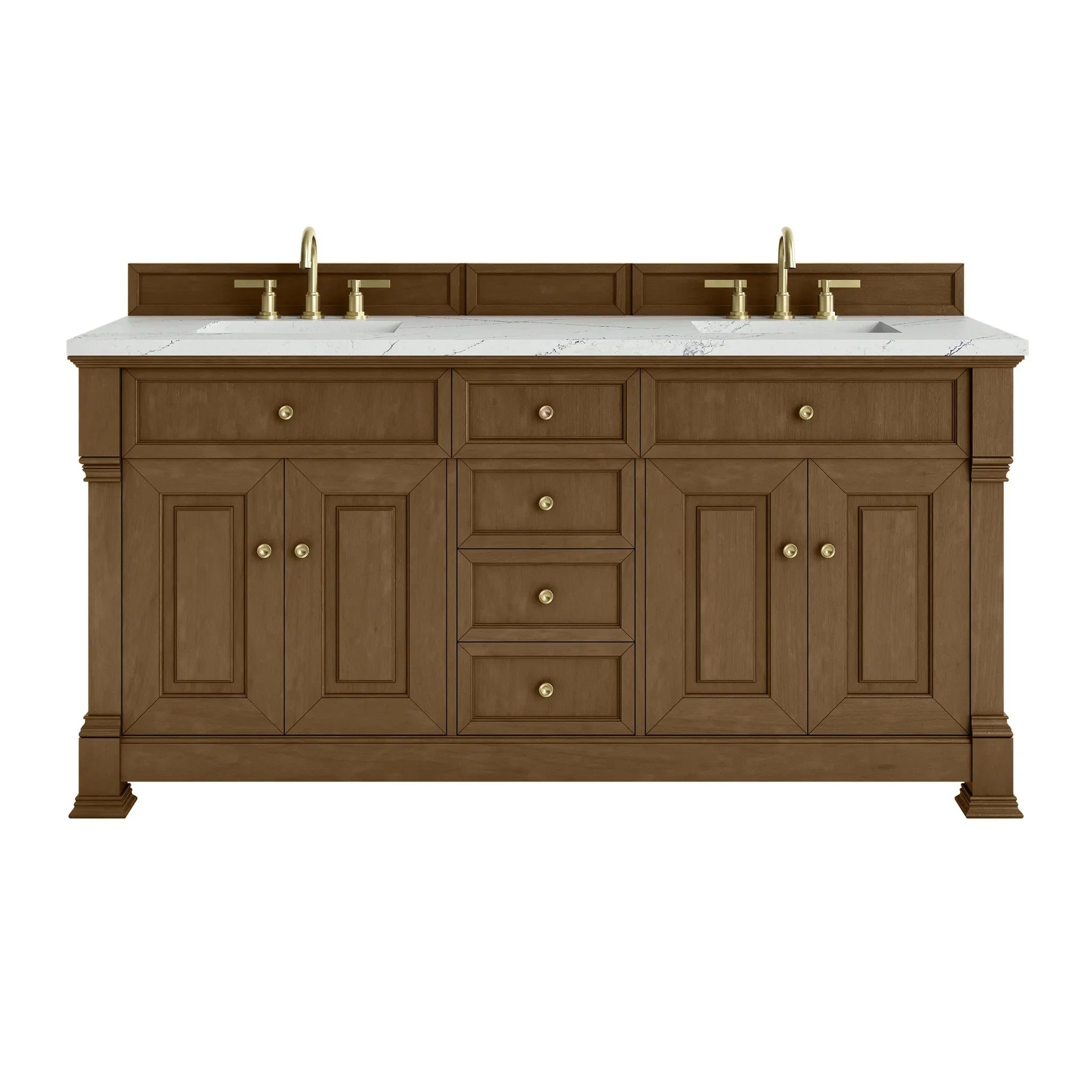 72" Brookfield Double Vanity in Honey Oak w/FreePower Wireless Charger-Ethereal Noctis Silestone-8" Widespread image
