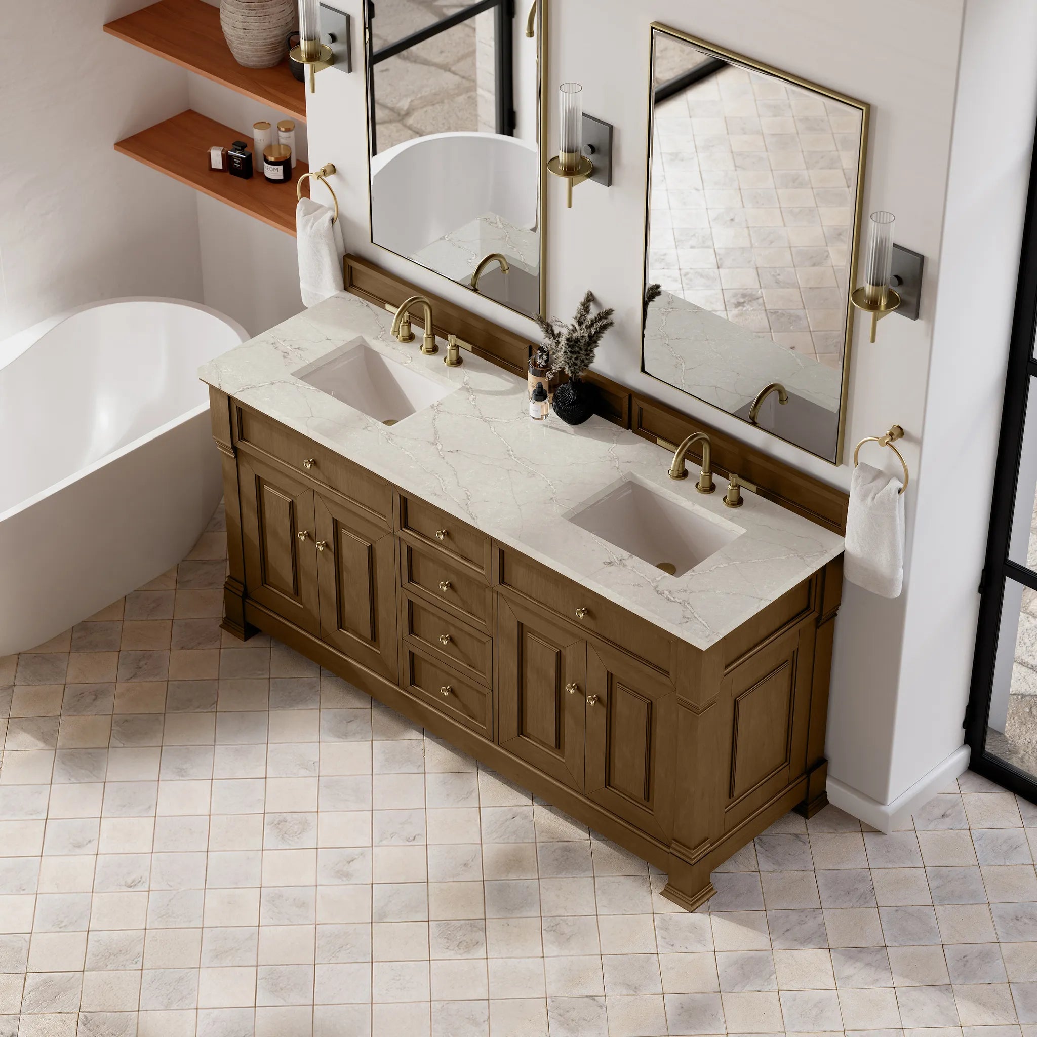 72" Brookfield Double Vanity in Honey Oak w/FreePower Wireless Charger-Victorian Silver Silestone-8" Widespread image 8