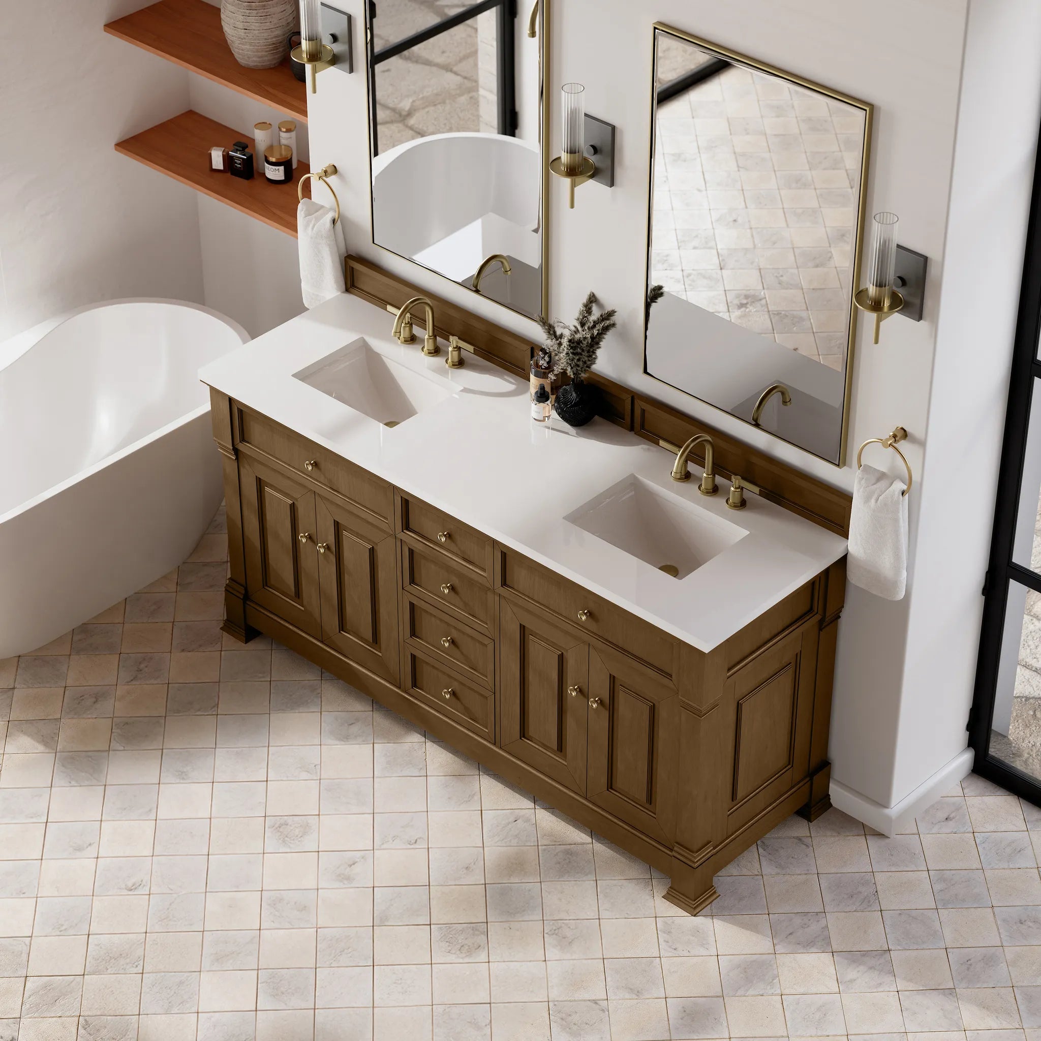 72" Brookfield Double Vanity in Honey Oak-White Zeus Silestone-8" Widespread image 6