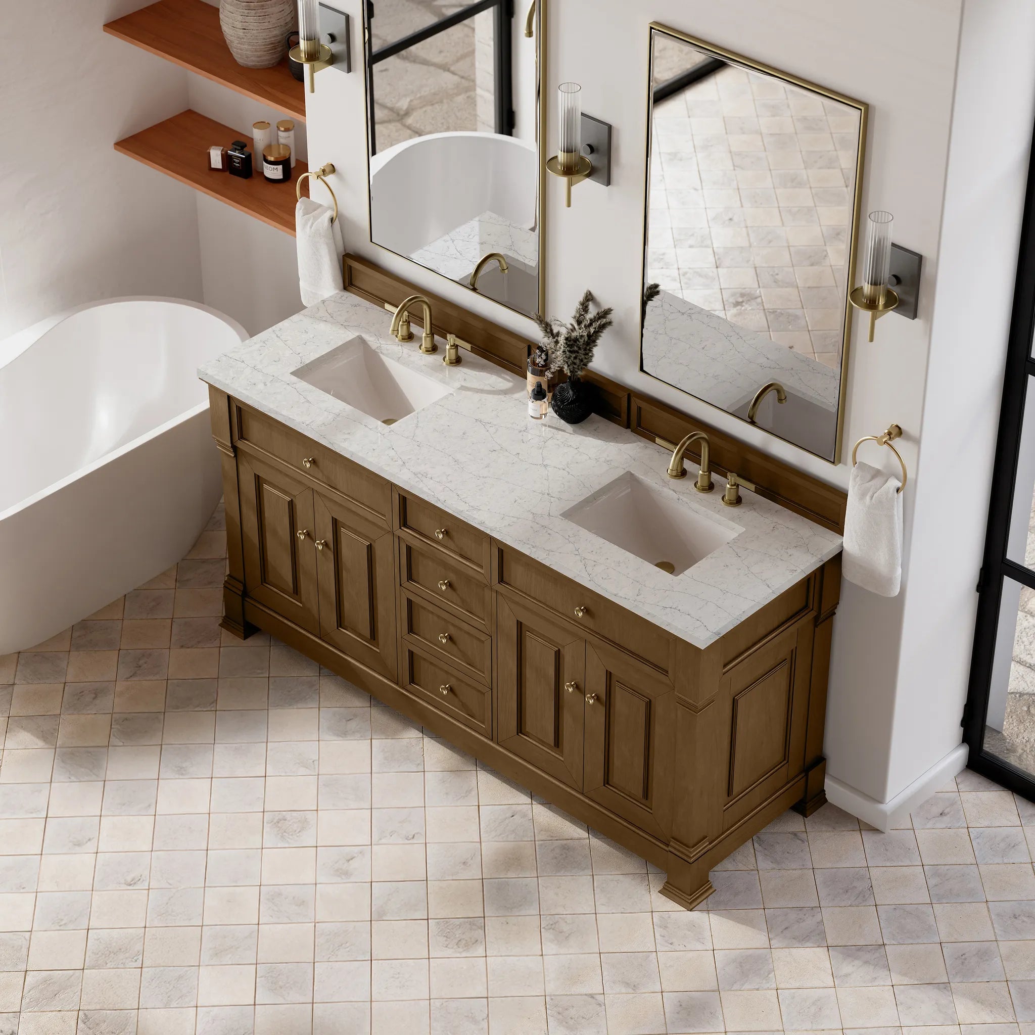 72" Brookfield Double Vanity in Honey Oak Wireless Charger-Eternal Jasmine Pearl Silestone-8" Widespread image 8