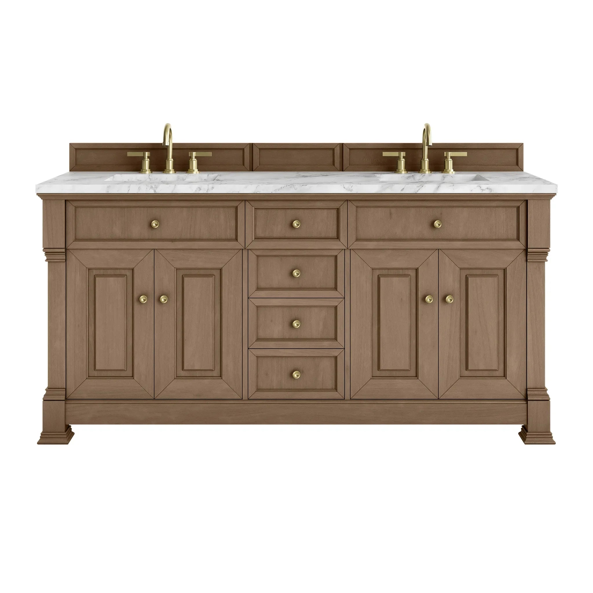 72" Brookfield Double Vanity in Pecan-Carrara White Marble-8" Widespread image