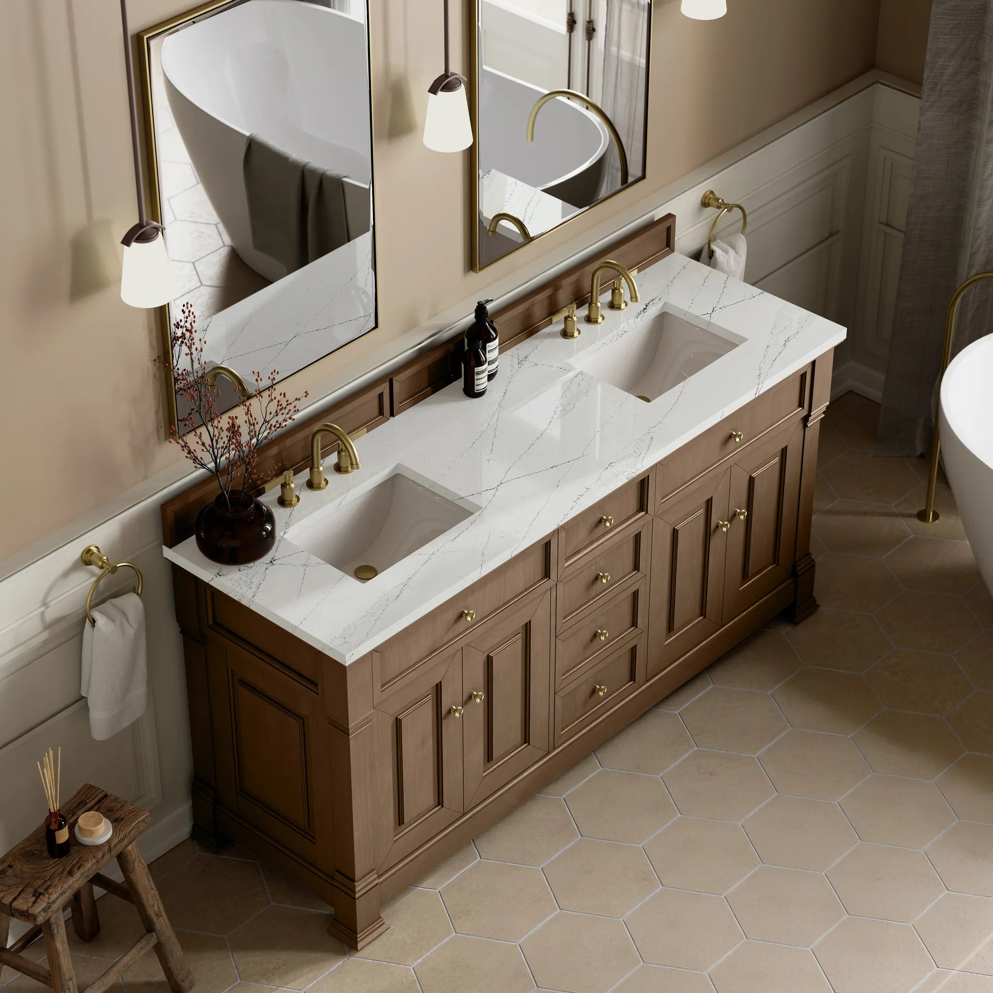 72" Brookfield Double Vanity in Pecan w/FreePower Wireless Charger-Ethereal Noctis Silestone-8" Widespread image 8