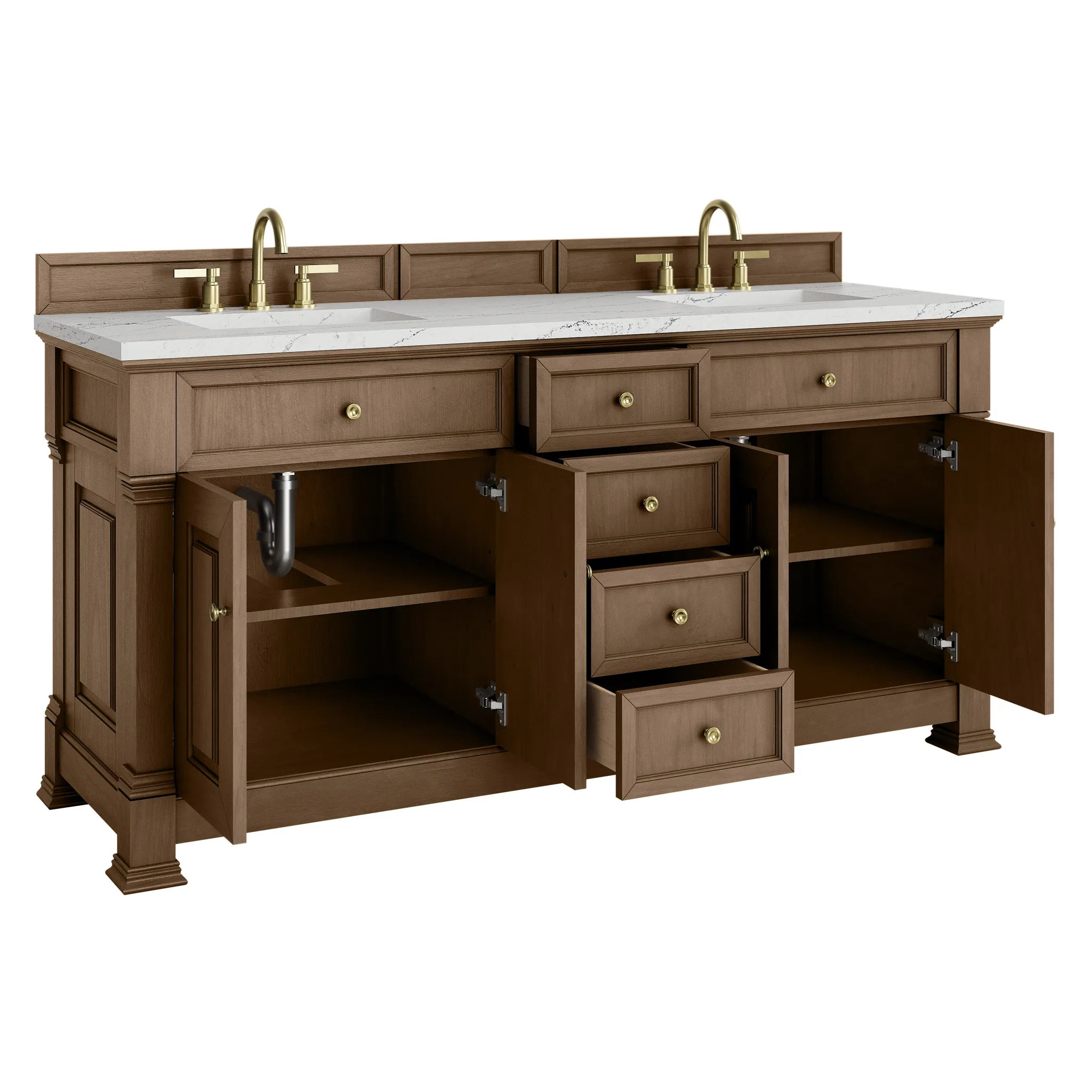 72" Brookfield Double Vanity in Pecan w/FreePower Wireless Charger-Ethereal Noctis Silestone-8" Widespread image 9