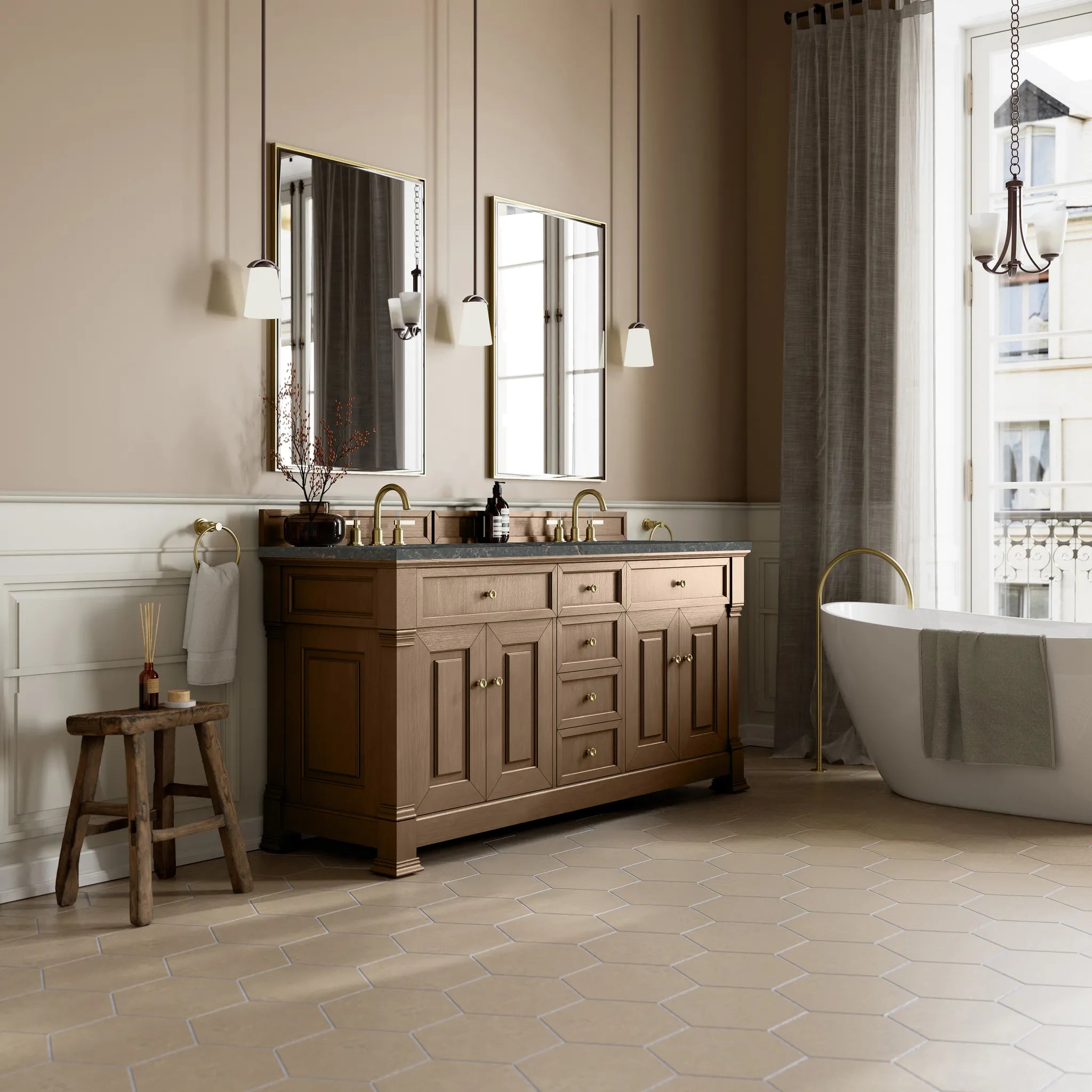 72" Brookfield Double Vanity in Pecan w/FreePower Wireless Charger-Parisien Bleu Silestone-8" Widespread image 5