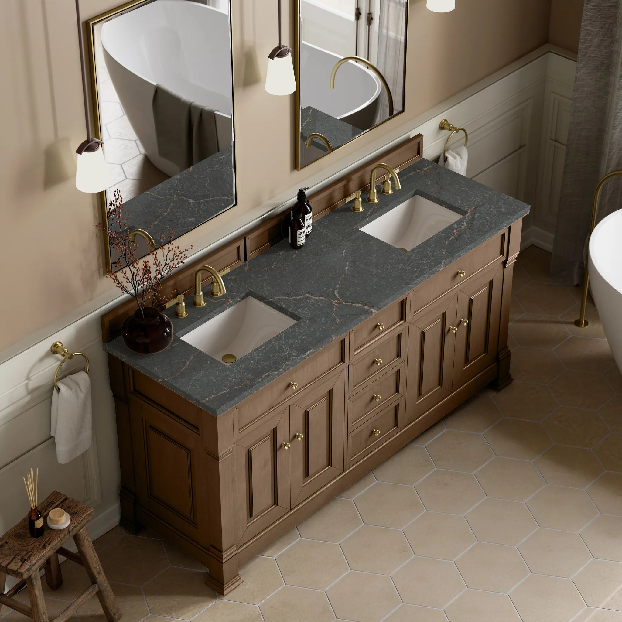 72" Brookfield Double Vanity in Pecan w/FreePower Wireless Charger-Parisien Bleu Silestone-8" Widespread image 8