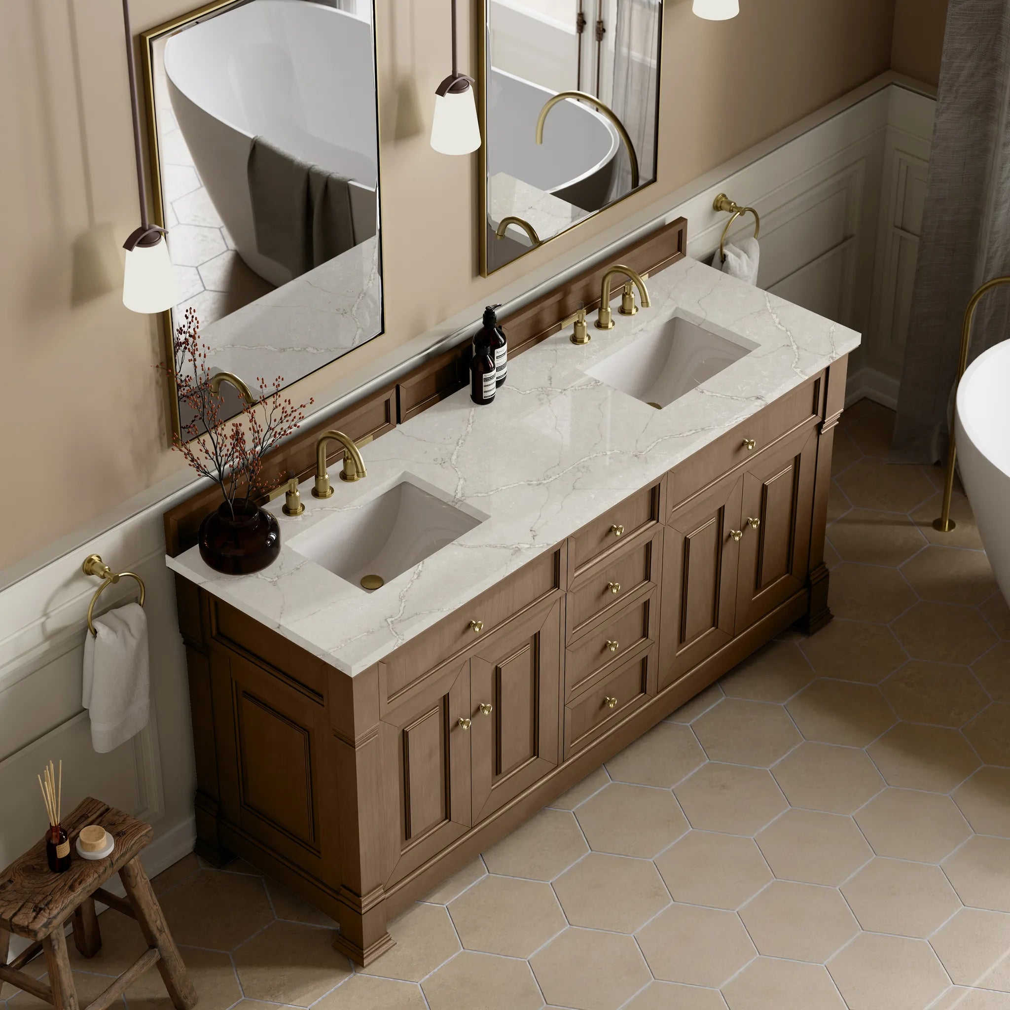 72" Brookfield Double Vanity in Pecan w/FreePower Wireless Charger-Victorian Silver Silestone-8" Widespread image 8