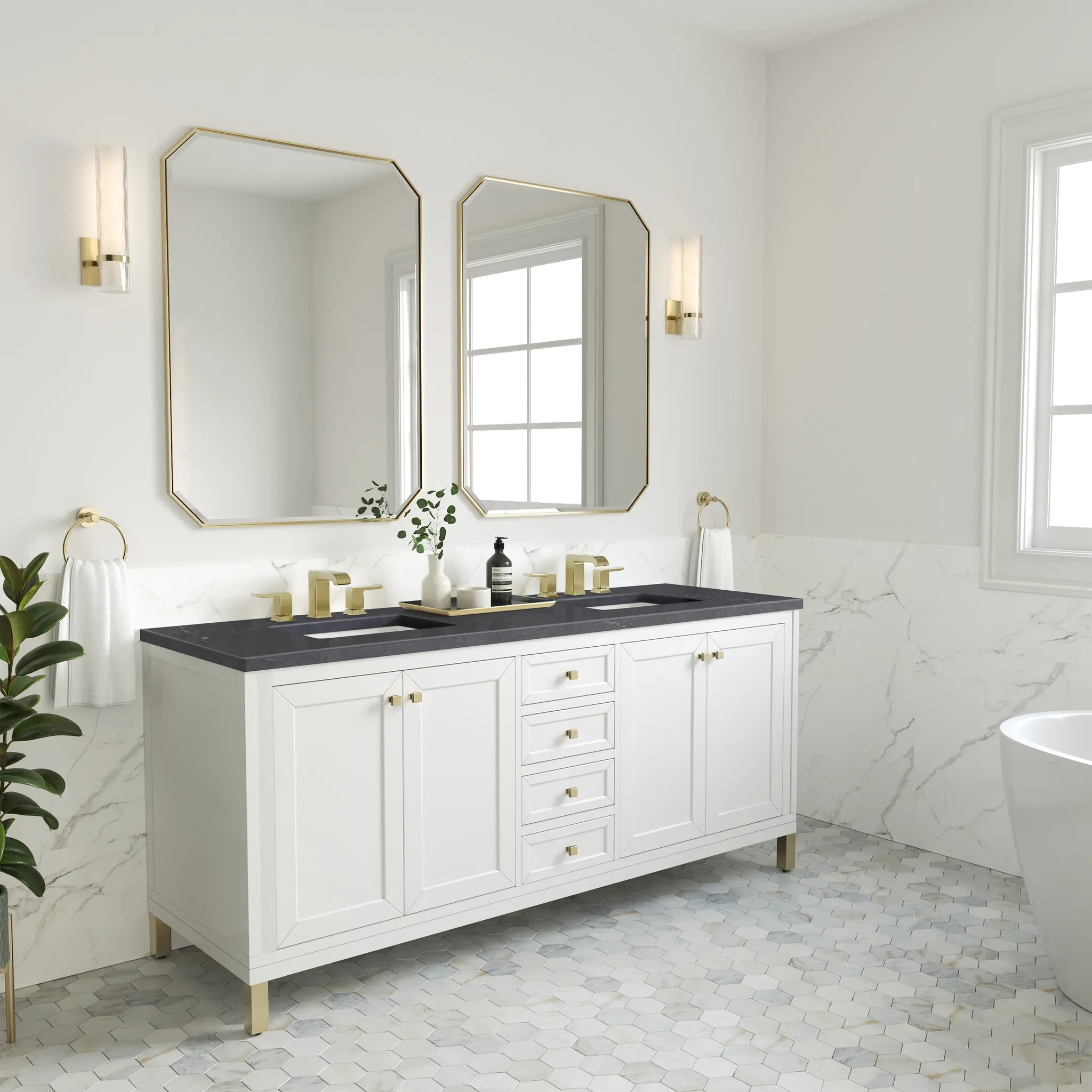 72" Chicago Double Vanity in Glossy White-Charcoal Soapstone Silestone-8" Widespread image 4