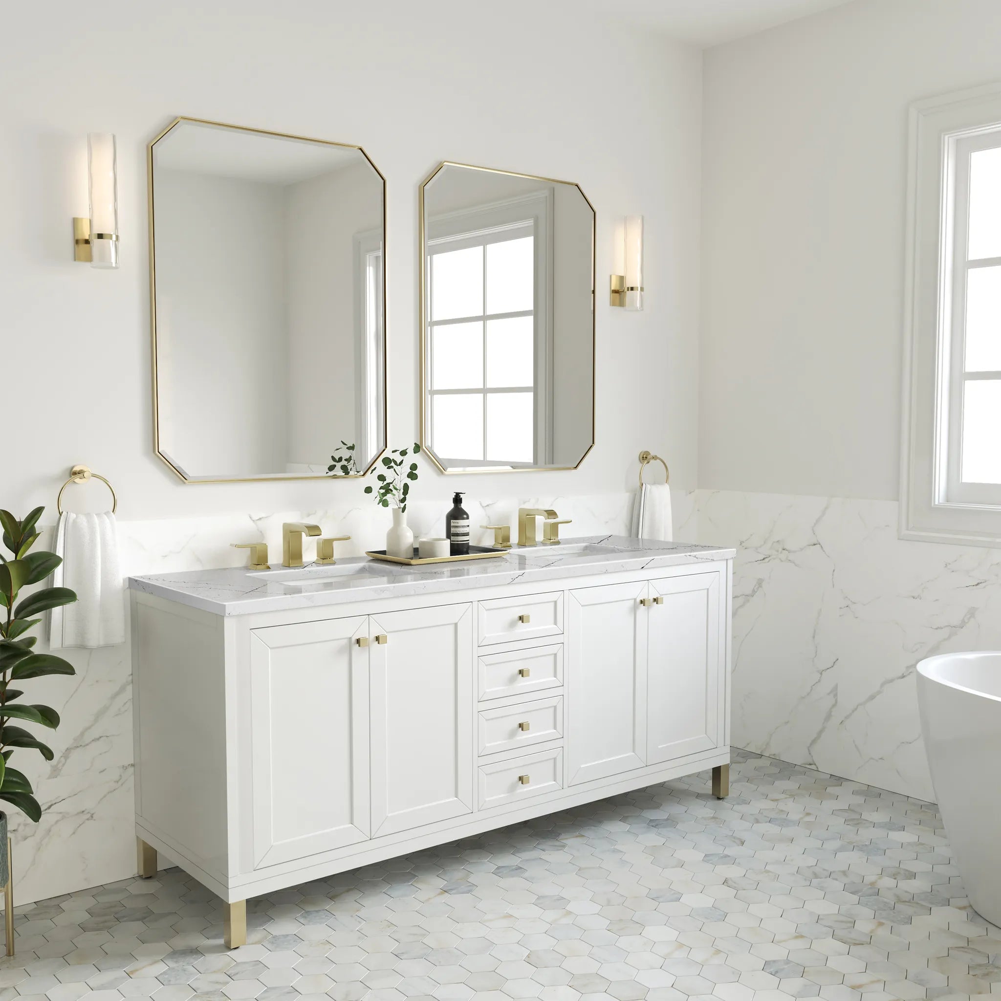 72" Chicago Double Vanity in Glossy White, w/FreePower Wireless Charger-Ethereal Noctis Silestone-8" Widespread image 5