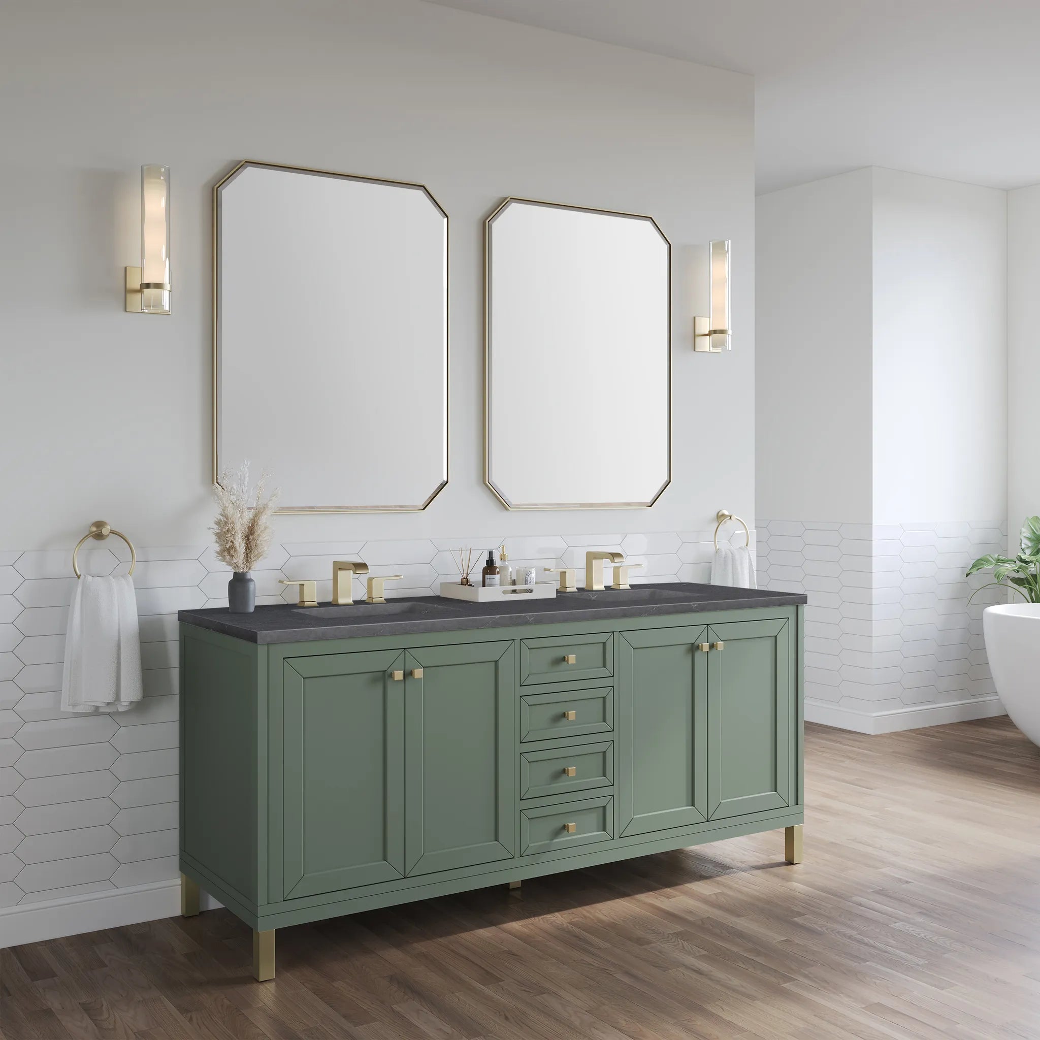 72" Chicago Double Vanity in Smokey Celadon-Charcoal Soapstone Silestone-8" Widespread image 5