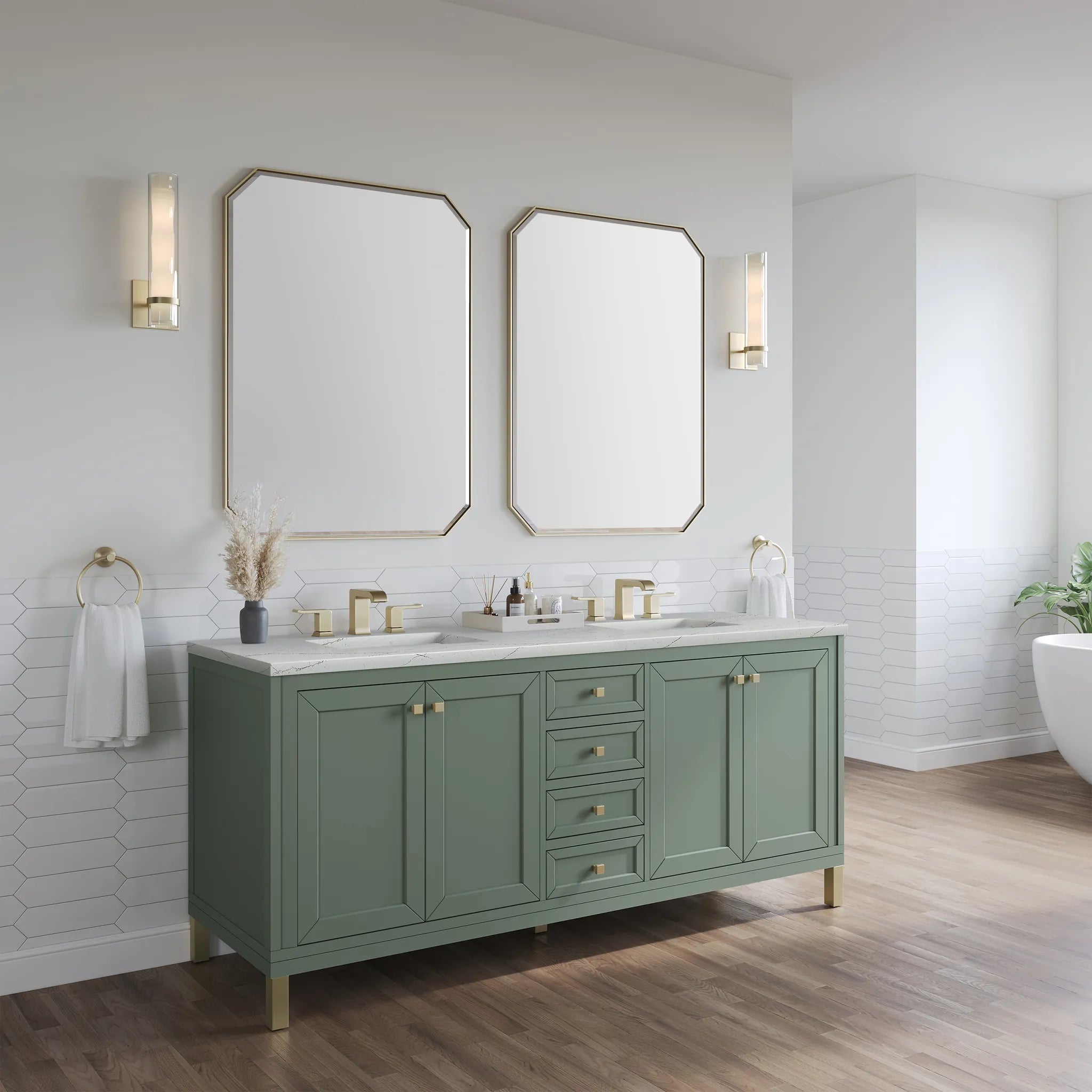 72" Chicago Double Vanity in Smokey Celadon, w/FreePower Wireless Charger-Ethereal Noctis Silestone-8" Widespread image 5