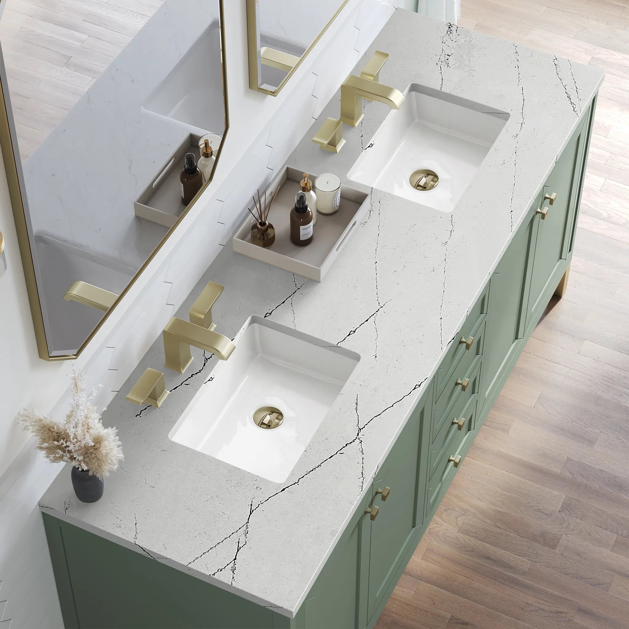 72" Chicago Double Vanity in Smokey Celadon, w/FreePower Wireless Charger-Ethereal Noctis Silestone-8" Widespread image 8