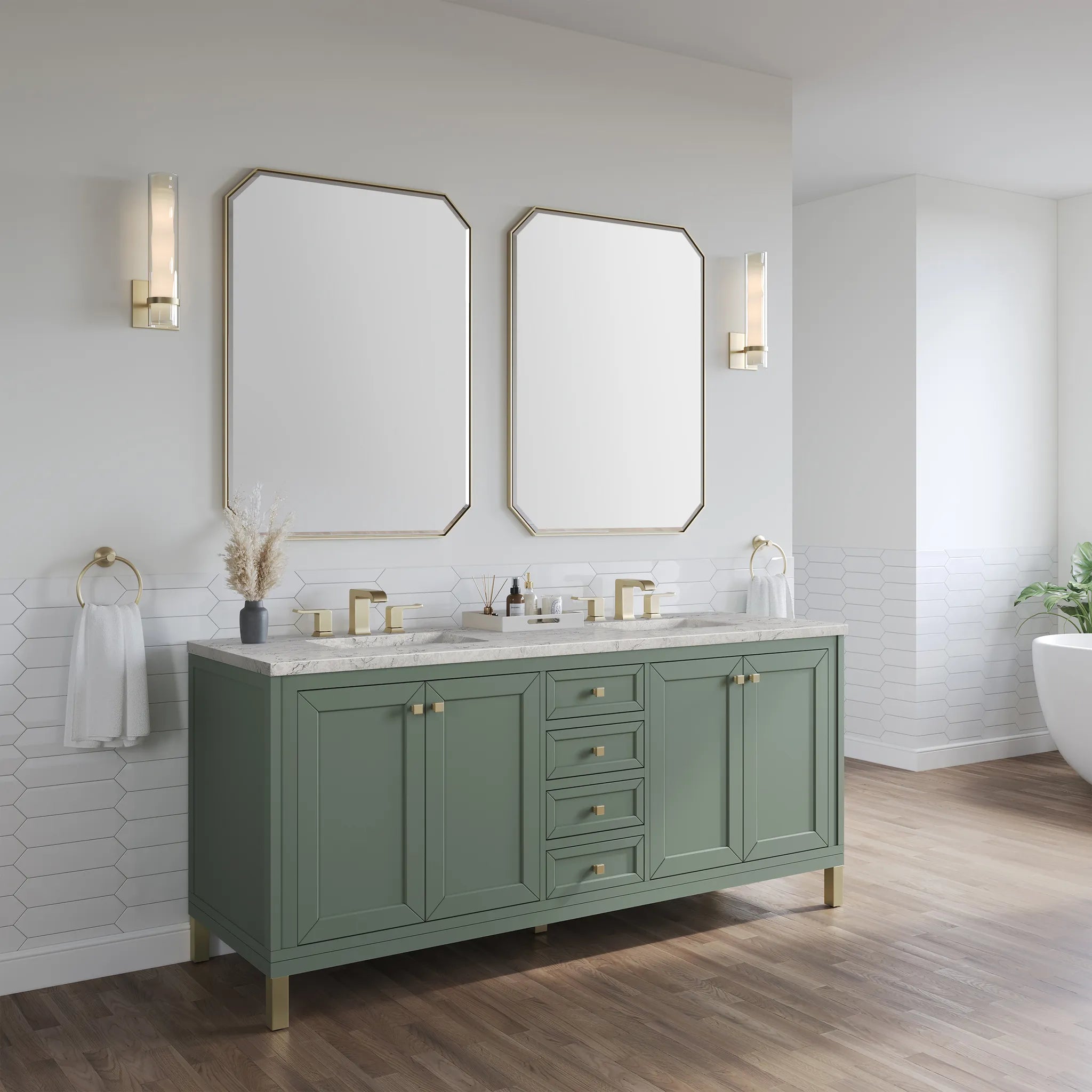 72" Chicago Double Vanity in Smokey Celadon, Wireless Charger-Eternal Jasmine Pearl Silestone-8" Widespread image 5