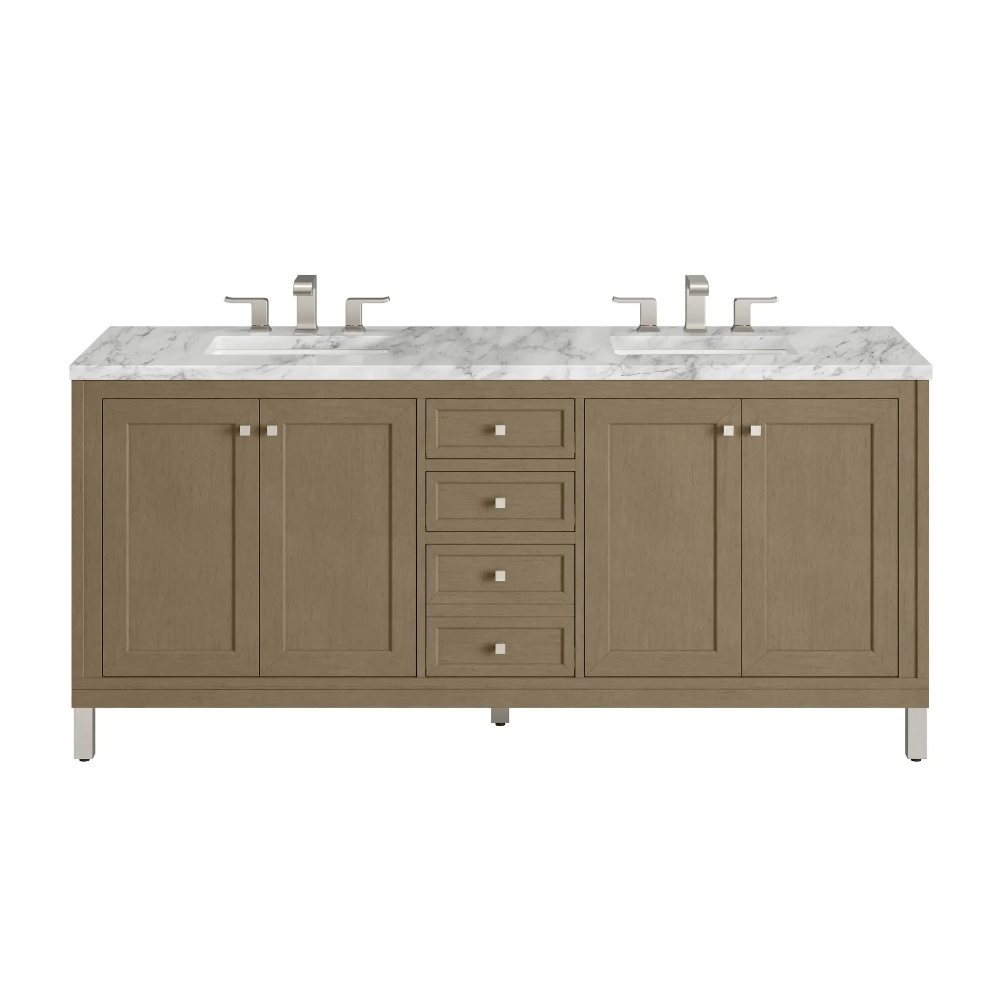 72" Chicago Double Vanity in Walnut Whisper-Carrara White Marble-8" Widespread image