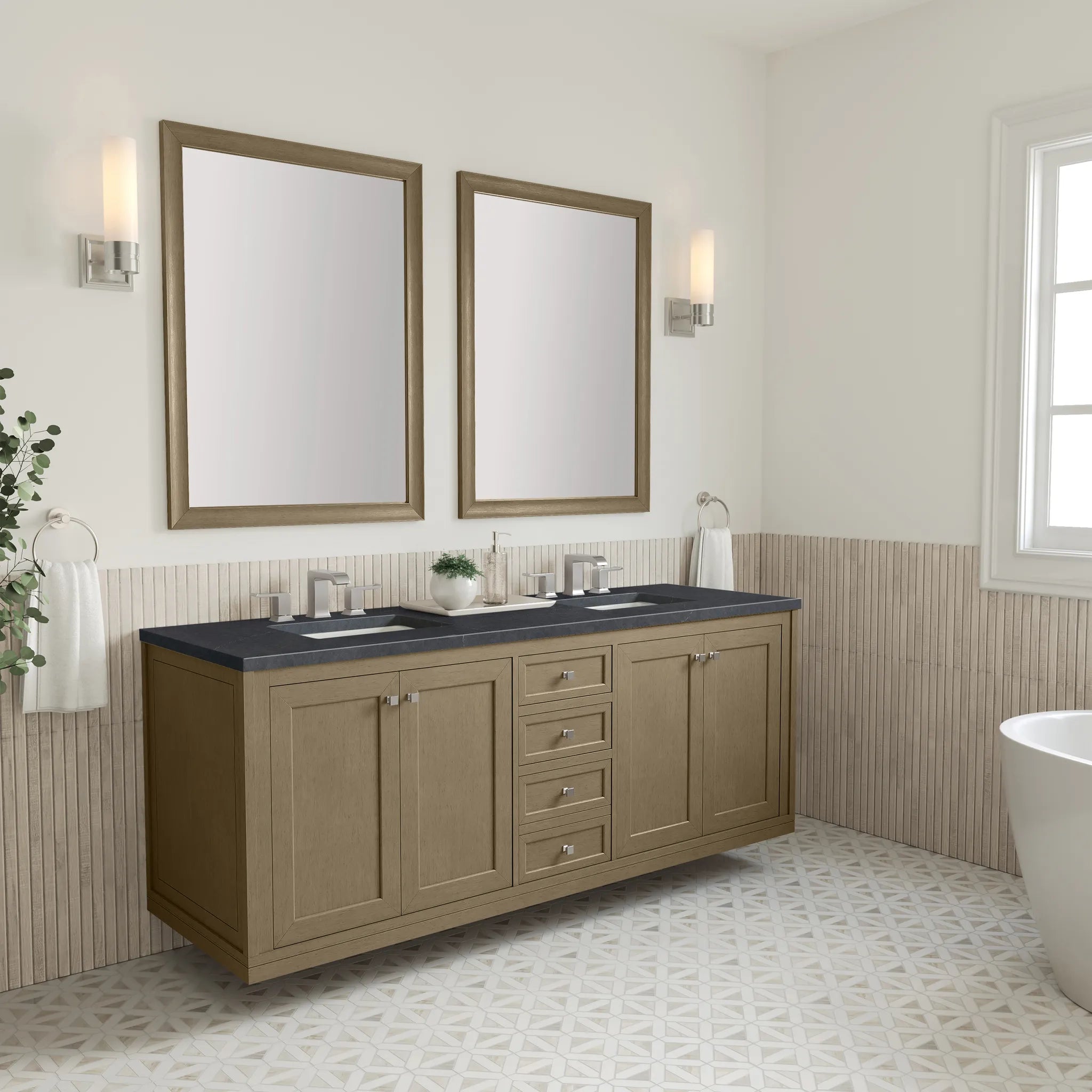 72" Chicago Double Vanity in Walnut Whisper-Charcoal Soapstone Silestone-8" Widespread image 9