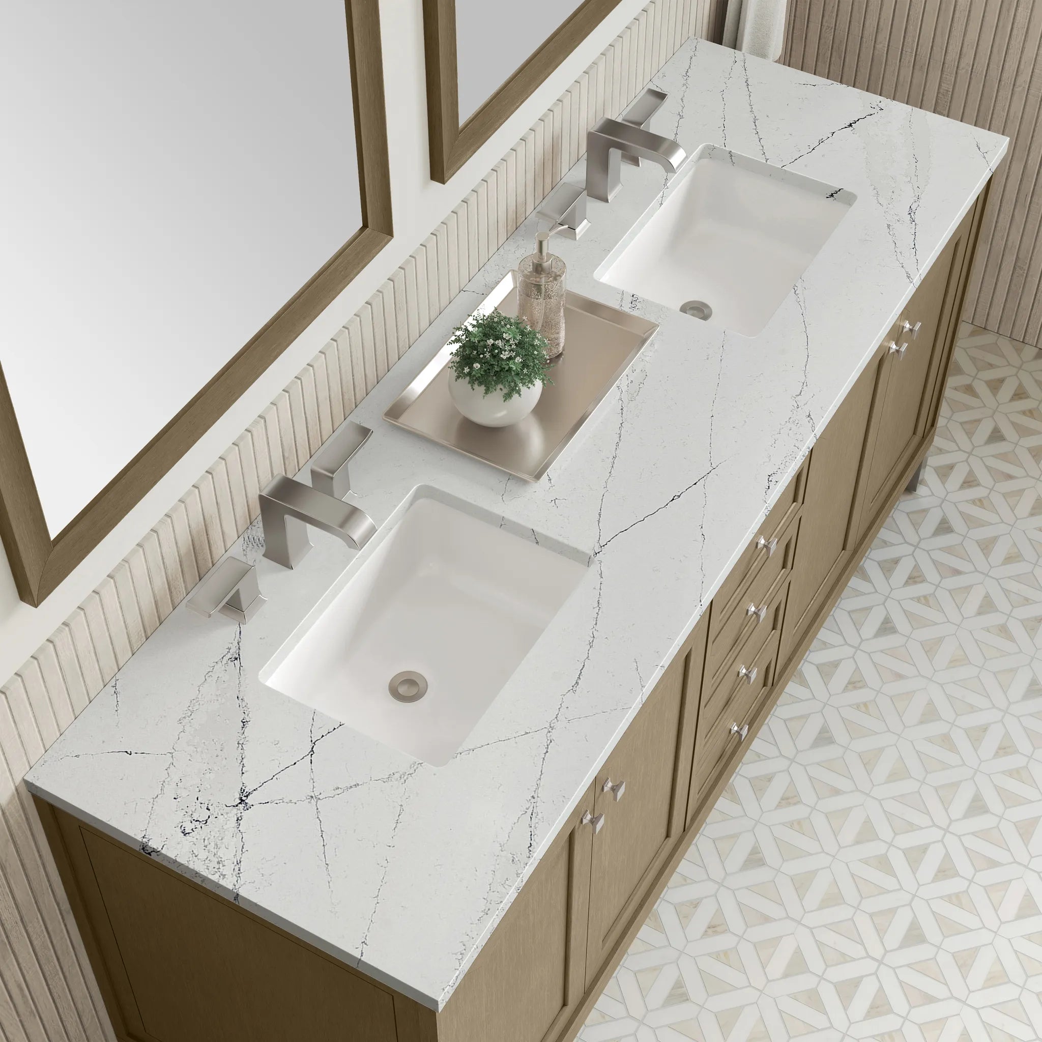 72" Chicago Double Vanity in Walnut Whisper, w/FreePower Wireless Charger-Ethereal Noctis Silestone-8" Widespread image 11