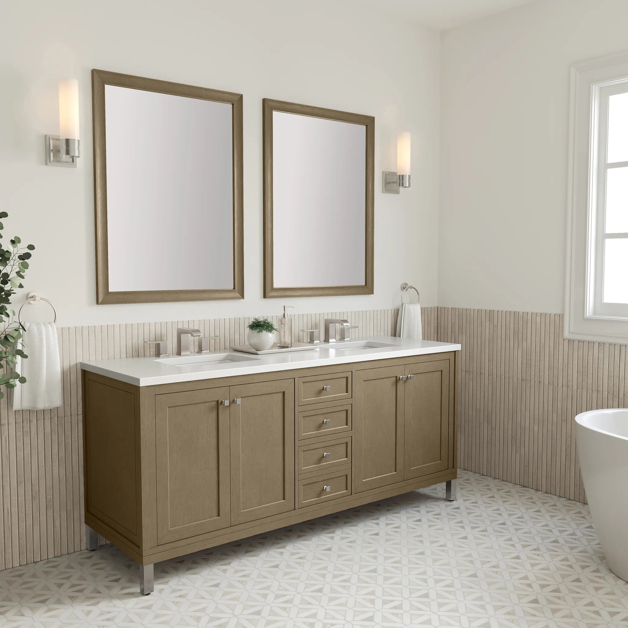 72" Chicago Double Vanity in Walnut Whisper-White Zeus Silestone-8" Widespread image 7