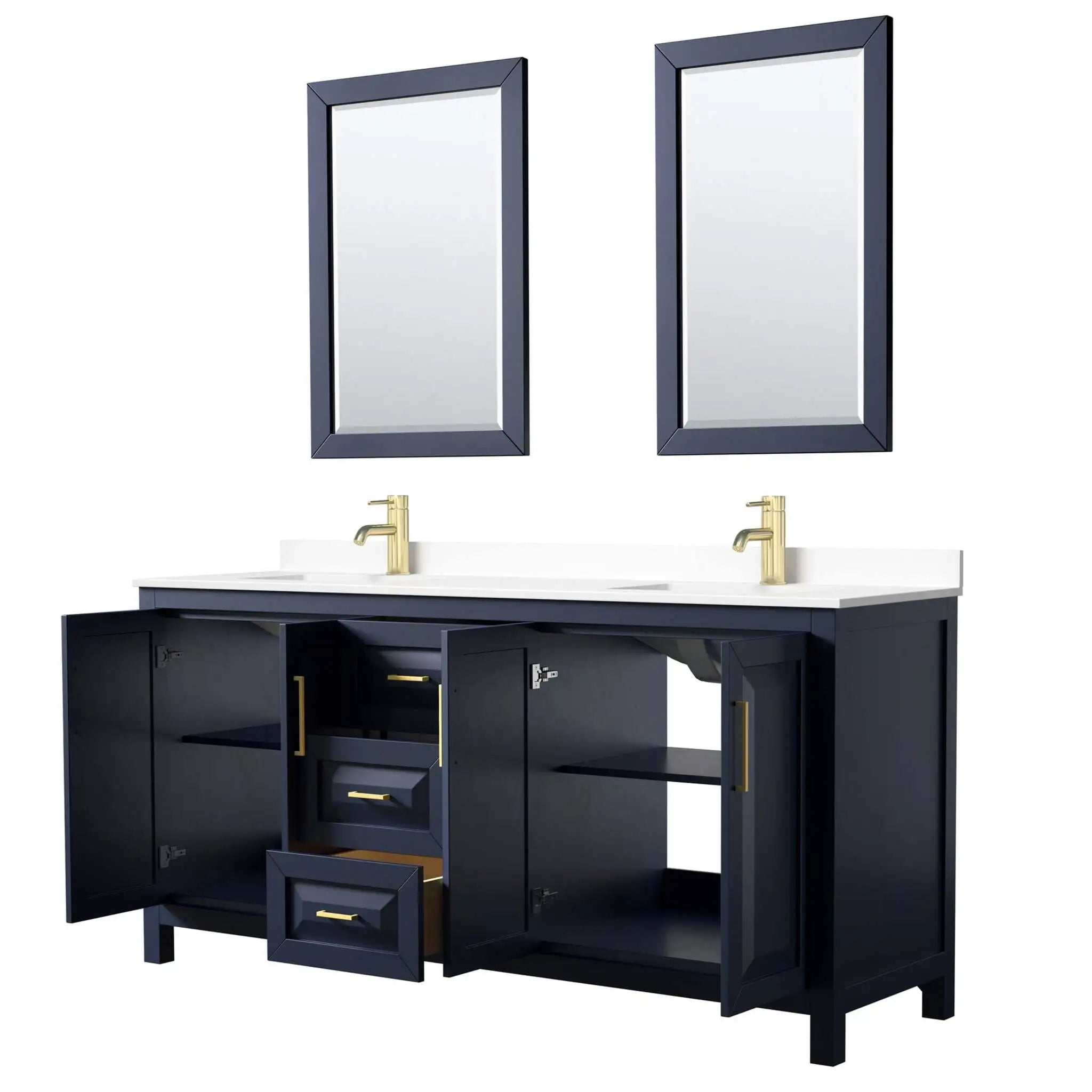 72" Daria Double Bathroom Vanity in Dark Blue with Brushed Gold Trim & 24" Mirror by Wyndham