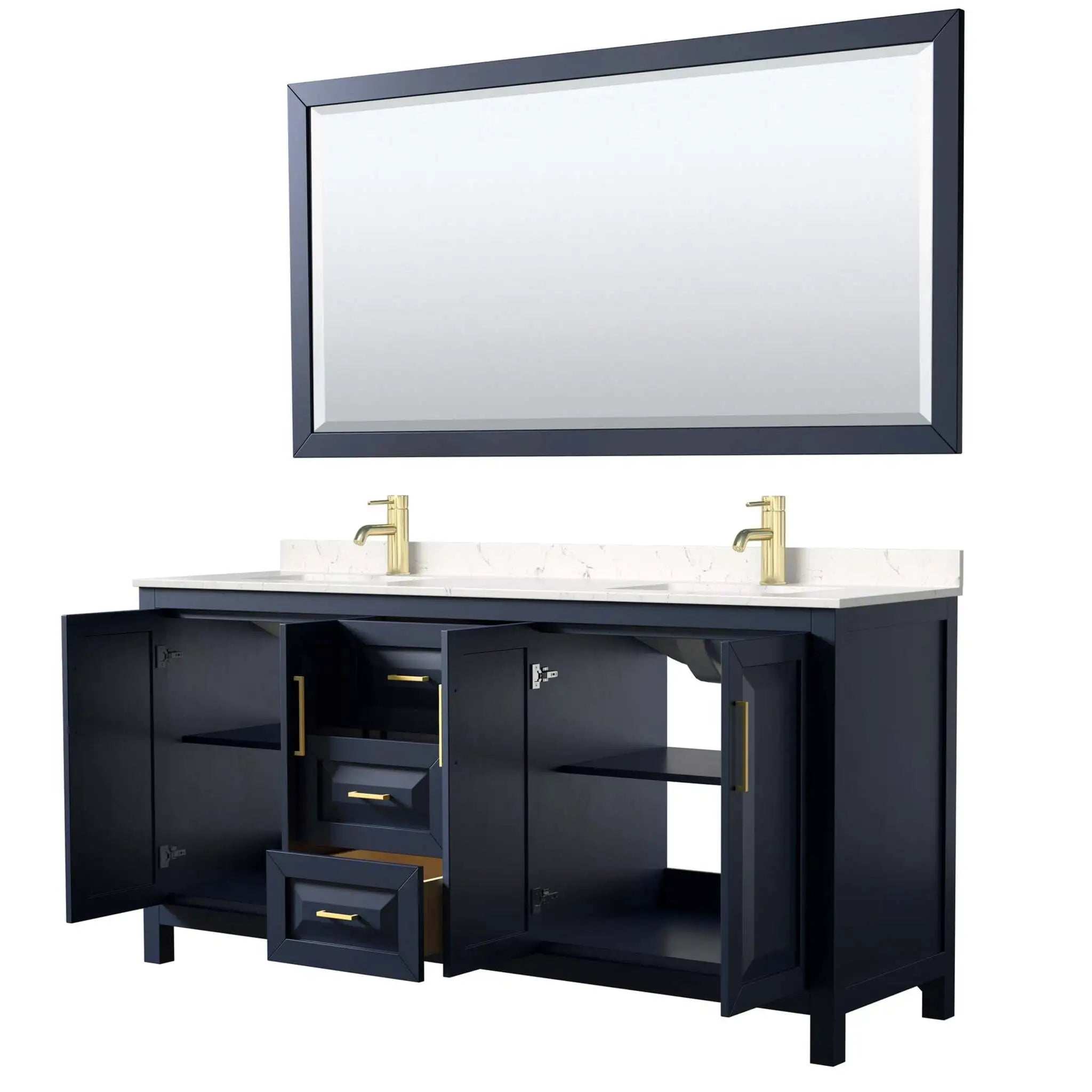 72" Daria Double Bathroom Vanity in Dark Blue with Brushed Gold Trim & 70" Mirror by Wyndham