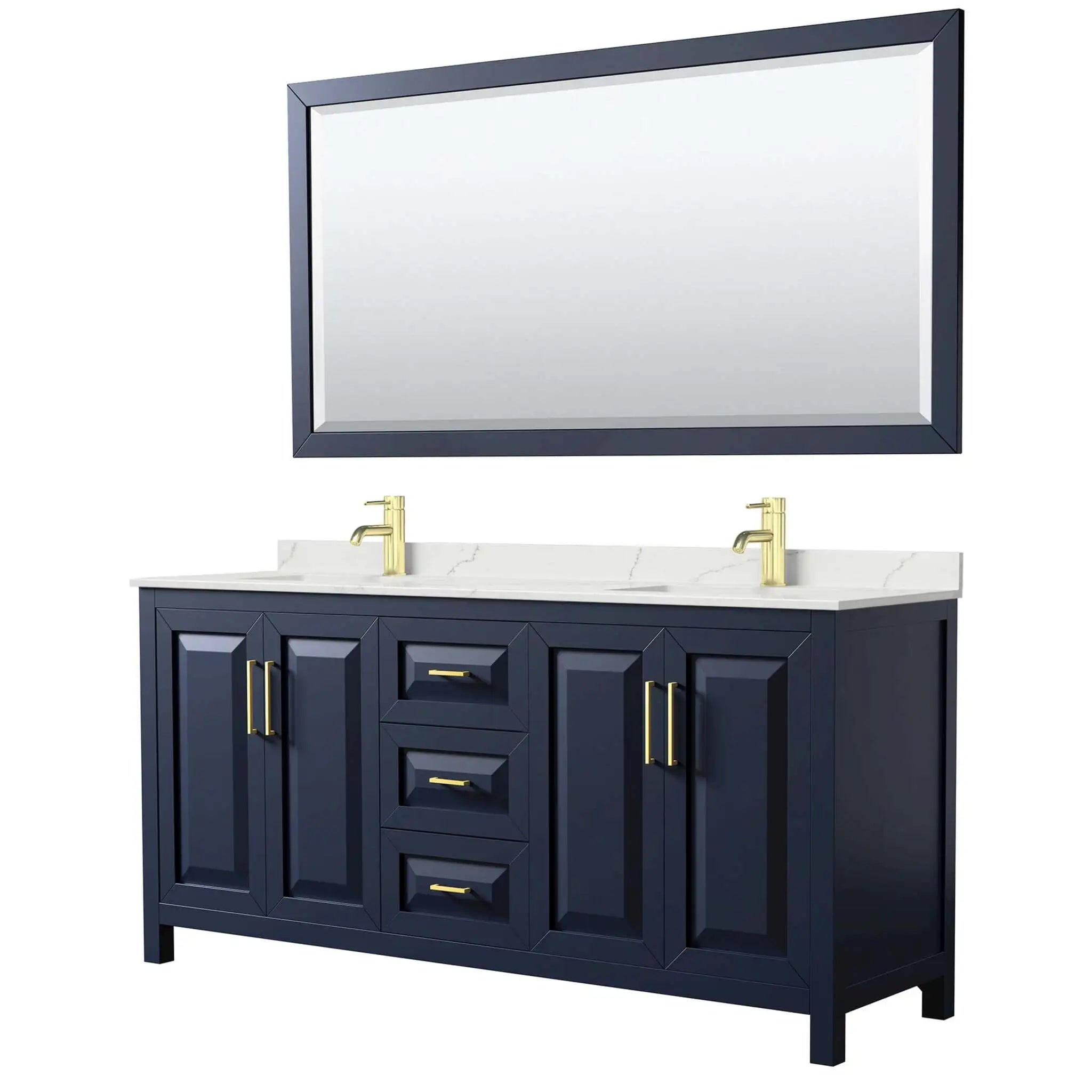72" Daria Double Bathroom Vanity in Dark Blue with Brushed Gold Trim & 70" Mirror by Wyndham