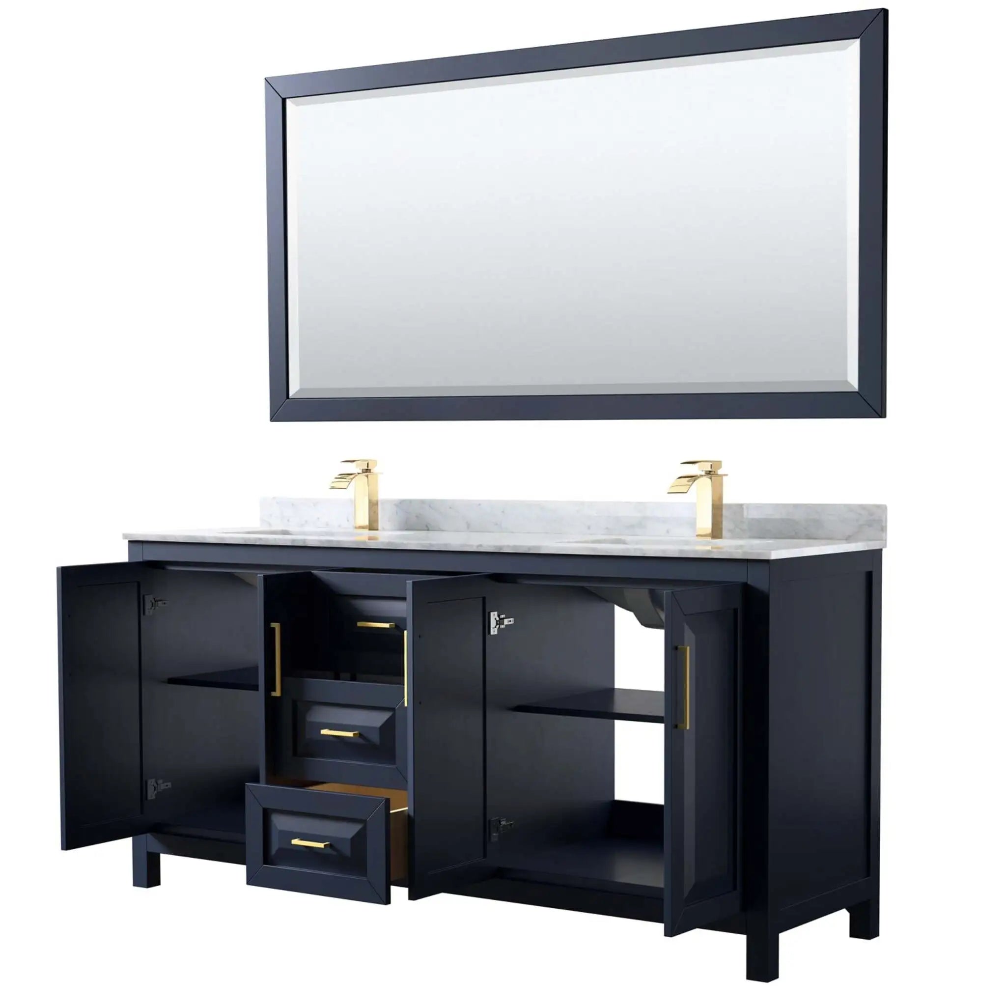 72" Daria Double Bathroom Vanity in Dark Blue with Brushed Gold Trim & 70" Mirror by Wyndham