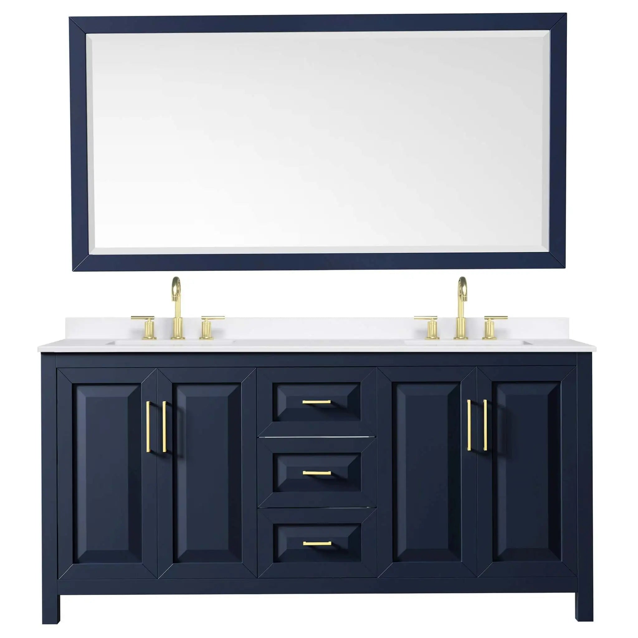 72" Daria Double Bathroom Vanity in Dark Blue with Brushed Gold Trim & 70" Mirror by Wyndham