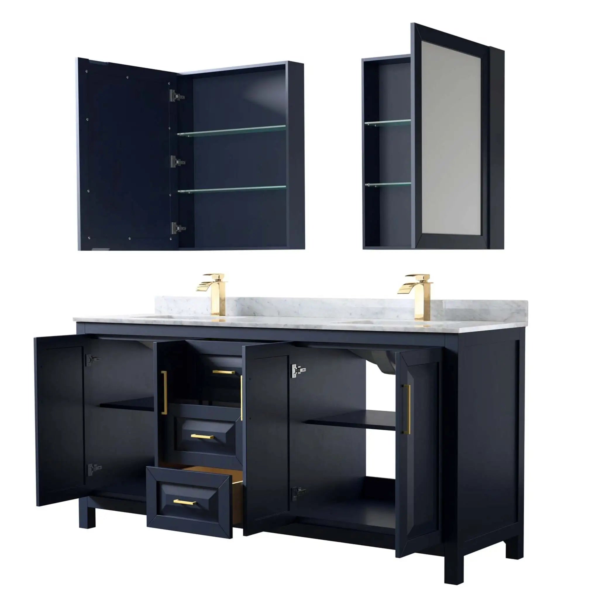 72" Daria Double Bathroom Vanity in Dark Blue with Brushed Gold Trim & Medicine Cabinet by Wyndham