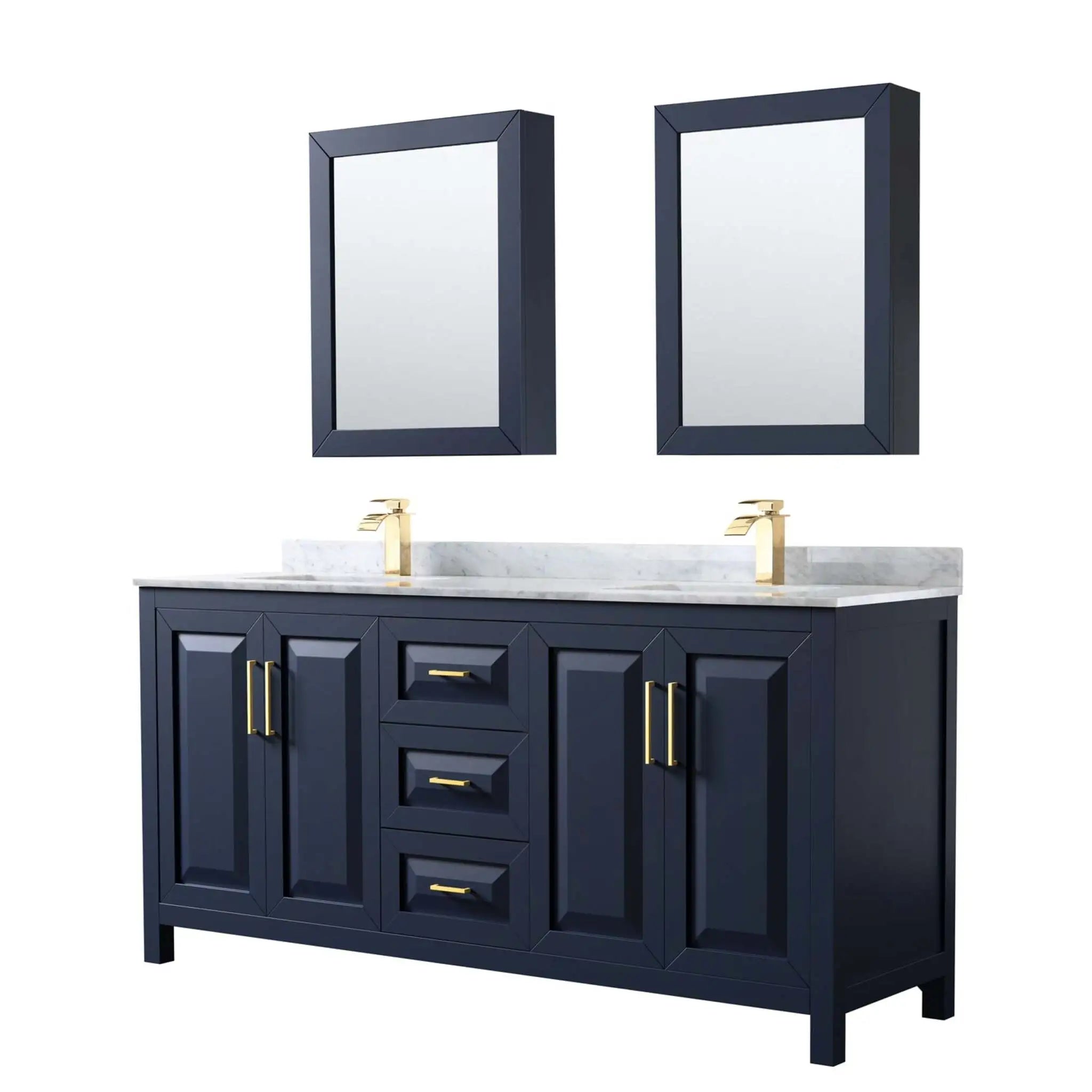 72" Daria Double Bathroom Vanity in Dark Blue with Brushed Gold Trim & Medicine Cabinet by Wyndham