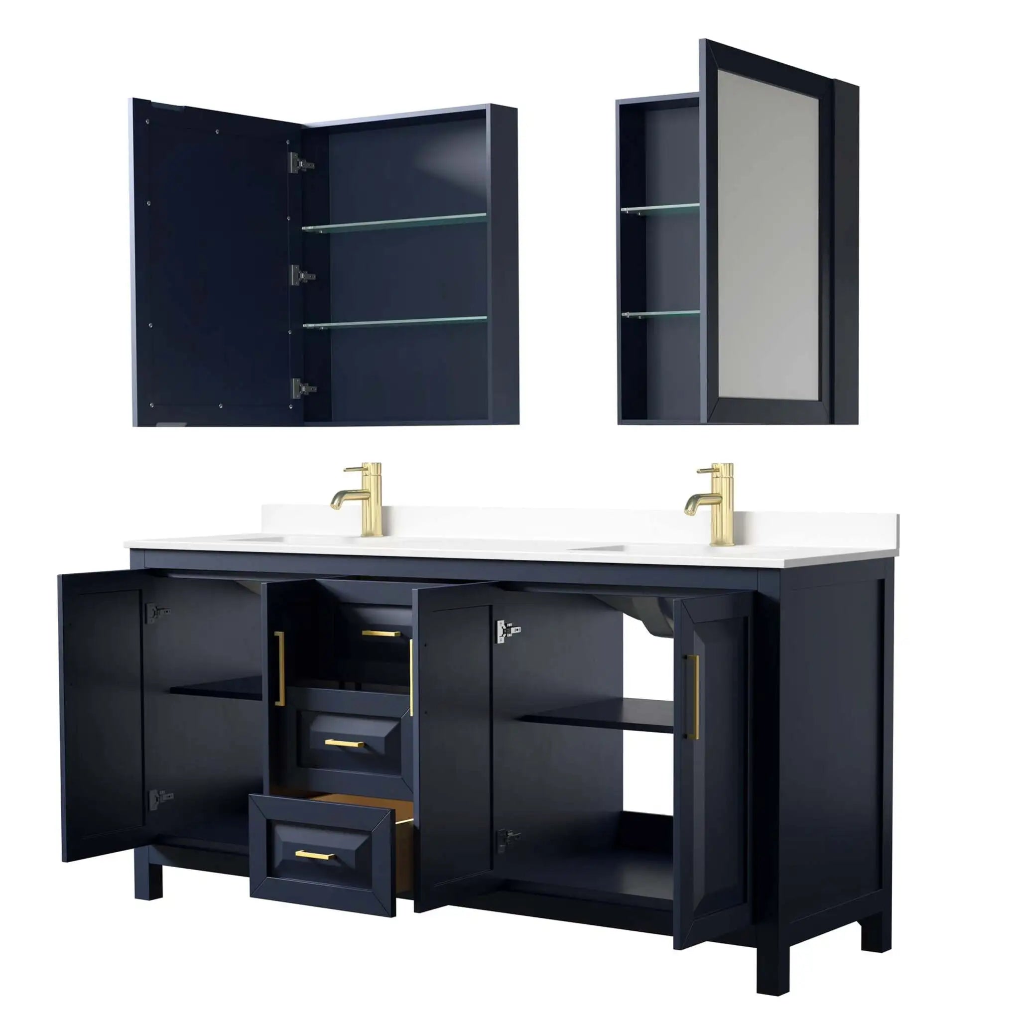 72" Daria Double Bathroom Vanity in Dark Blue with Brushed Gold Trim & Medicine Cabinet by Wyndham