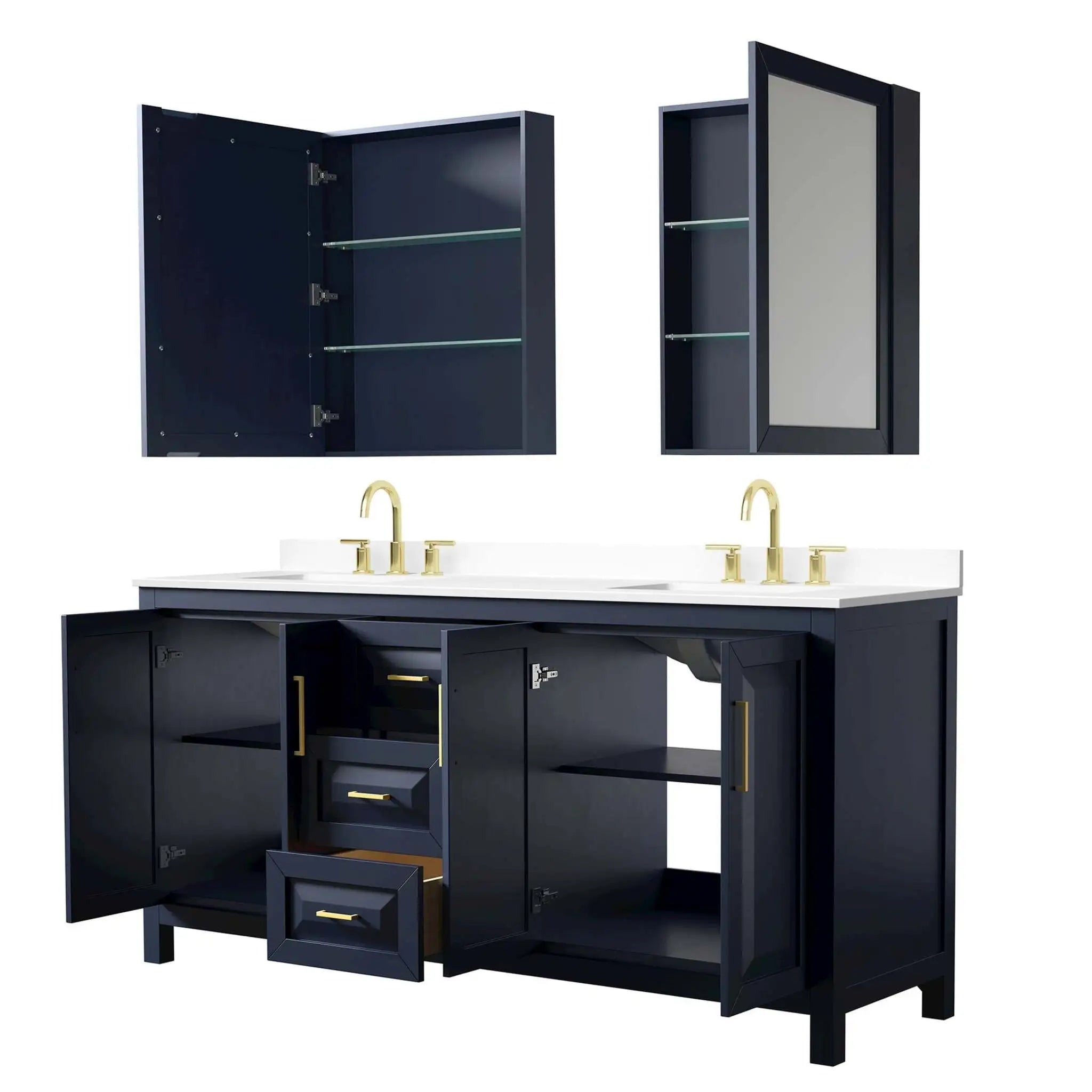 72" Daria Double Bathroom Vanity in Dark Blue with Brushed Gold Trim & Medicine Cabinet by Wyndham