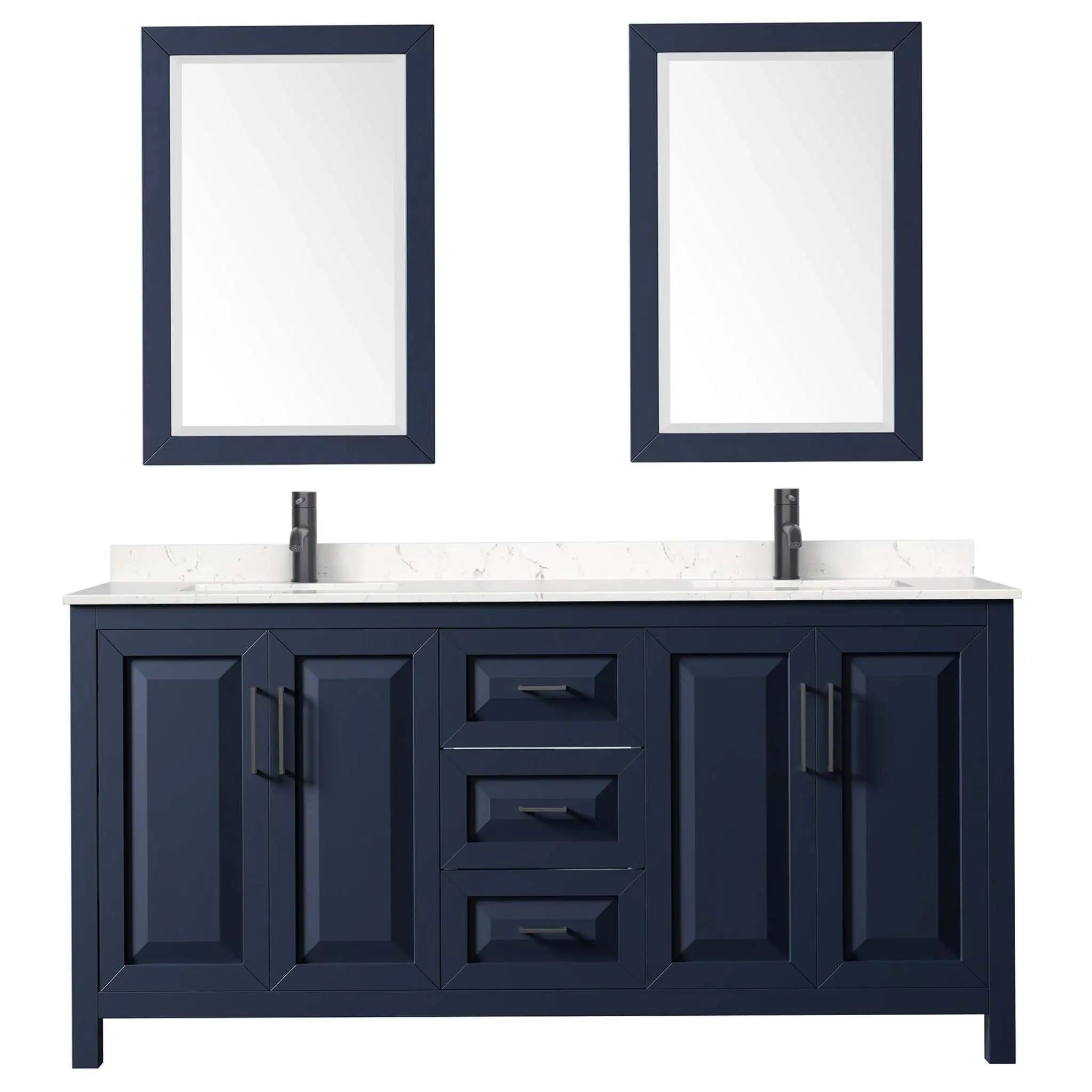 72" Daria Double Bathroom Vanity in Dark Blue with Matte Black Trim & 24" Mirror by Wyndham