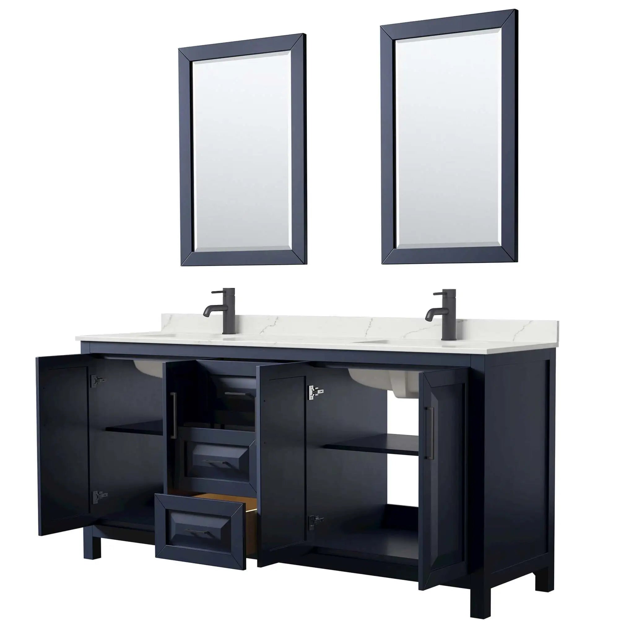 72" Daria Double Bathroom Vanity in Dark Blue with Matte Black Trim & 24" Mirror by Wyndham