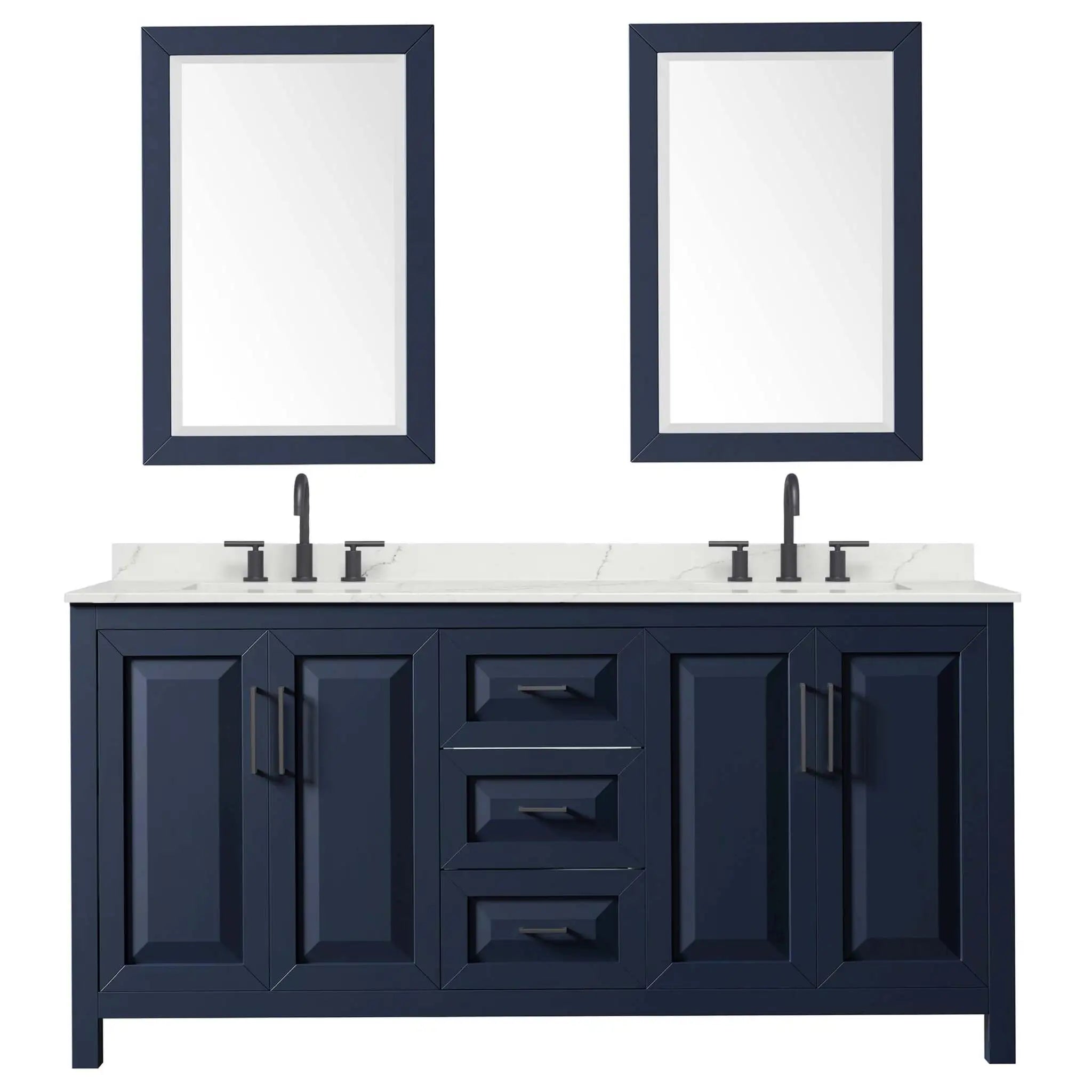 72" Daria Double Bathroom Vanity in Dark Blue with Matte Black Trim & 24" Mirror by Wyndham