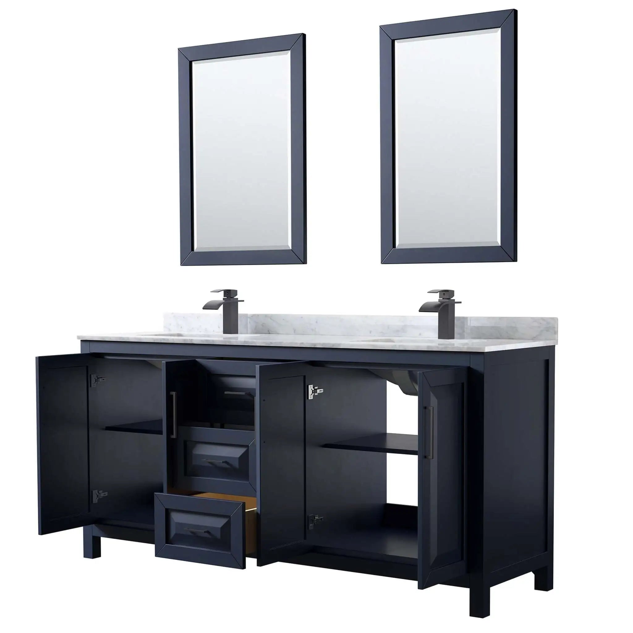 72" Daria Double Bathroom Vanity in Dark Blue with Matte Black Trim & 24" Mirror by Wyndham