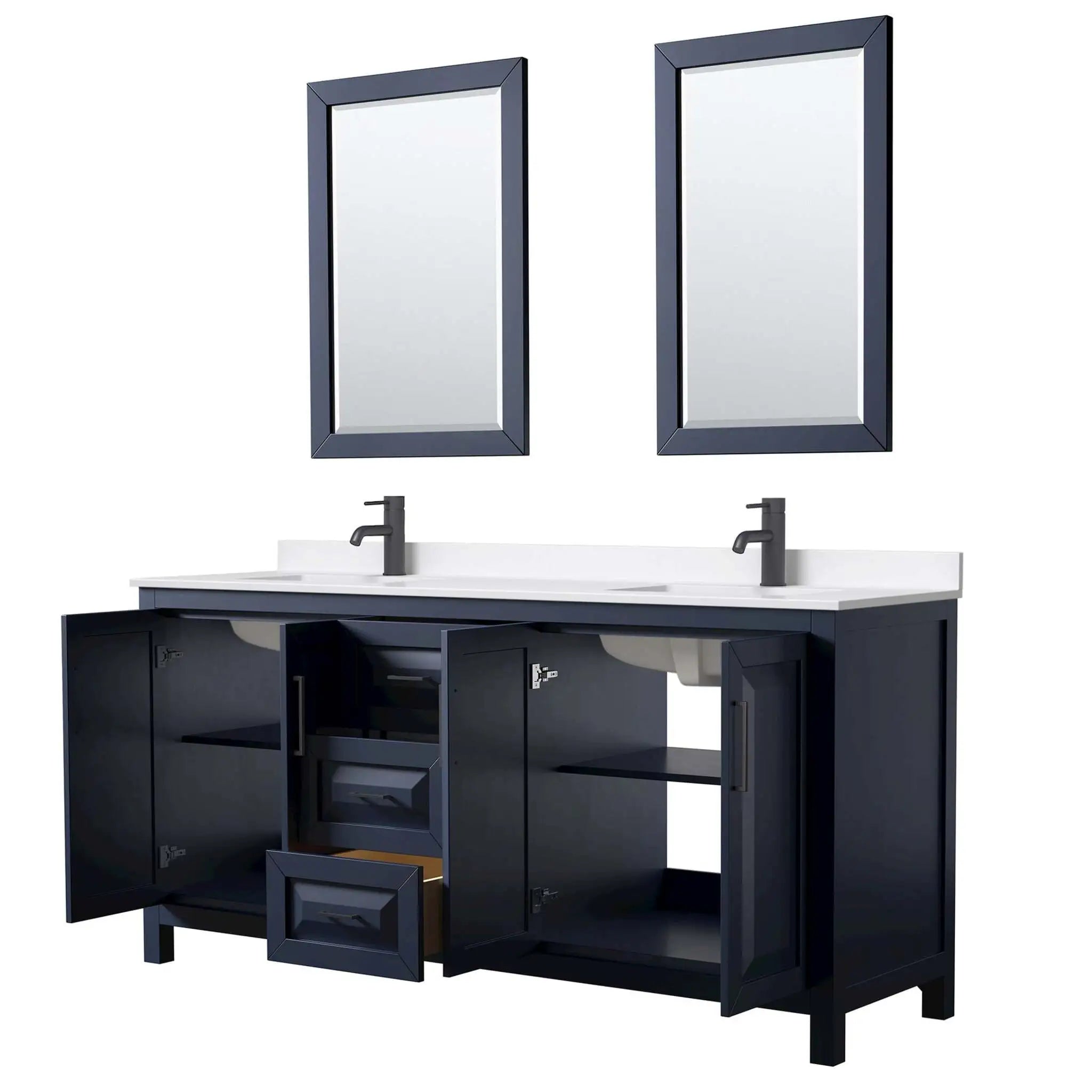 72" Daria Double Bathroom Vanity in Dark Blue with Matte Black Trim & 24" Mirror by Wyndham