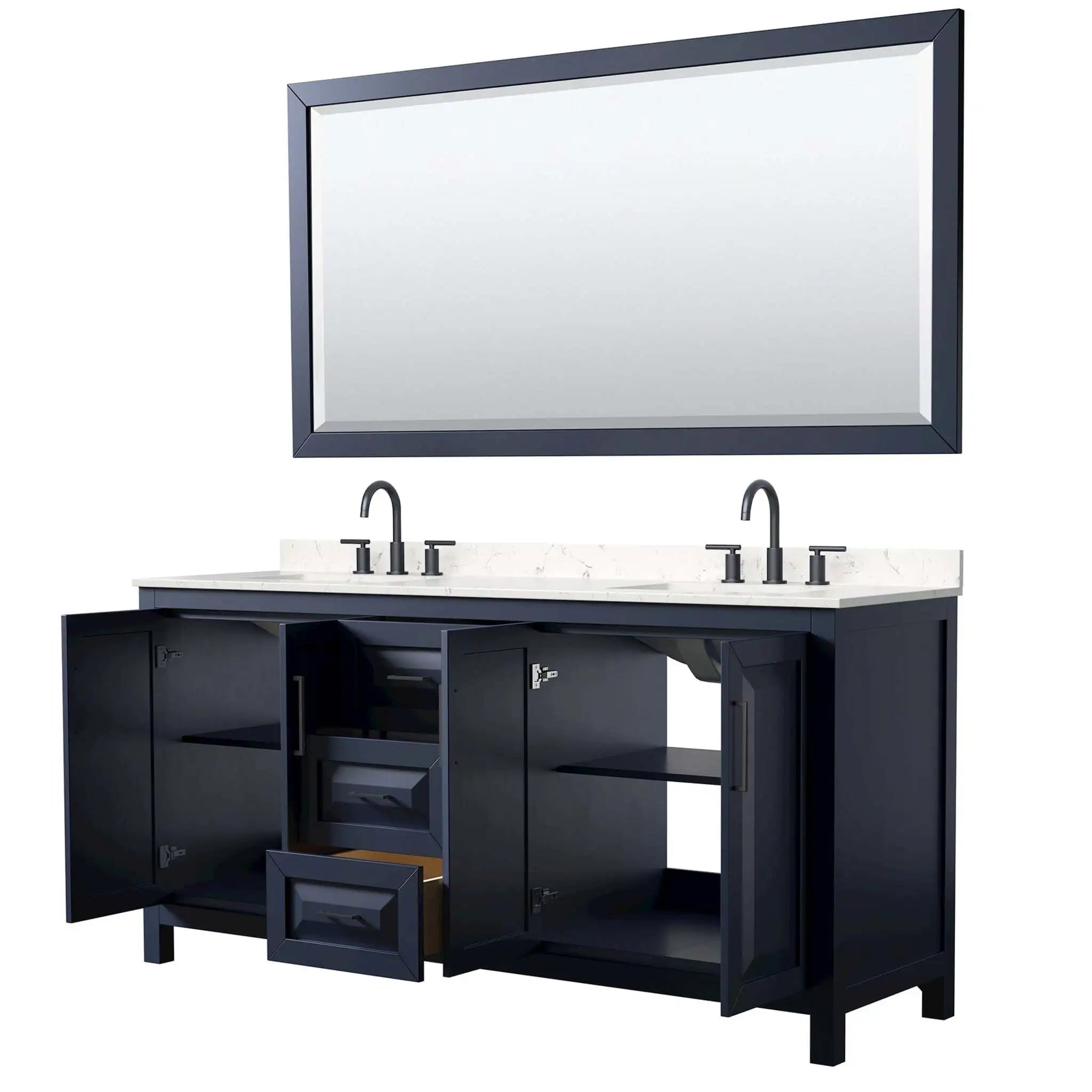 72" Daria Double Bathroom Vanity in Dark Blue with Matte Black Trim & 70" Mirror by Wyndham