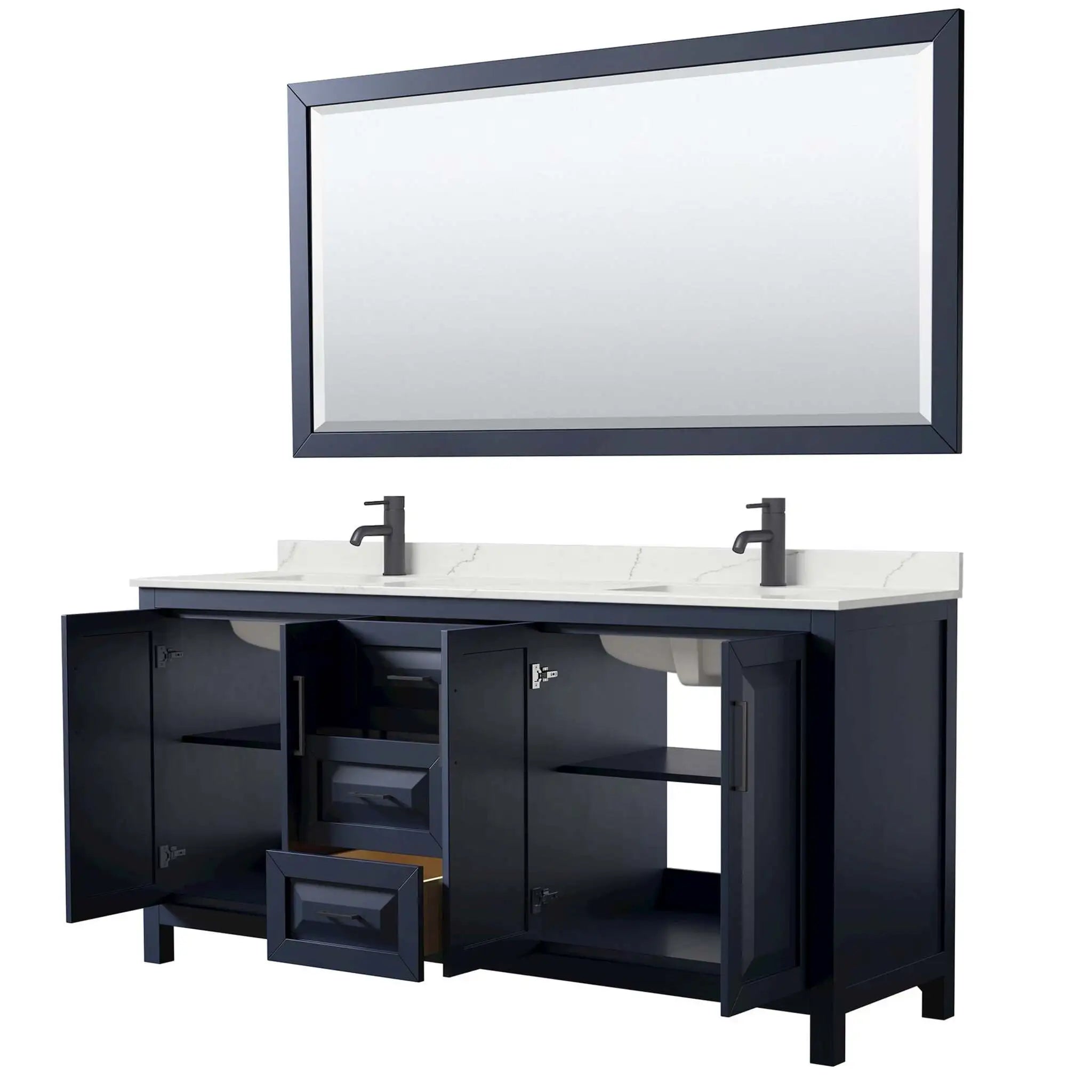 72" Daria Double Bathroom Vanity in Dark Blue with Matte Black Trim & 70" Mirror by Wyndham