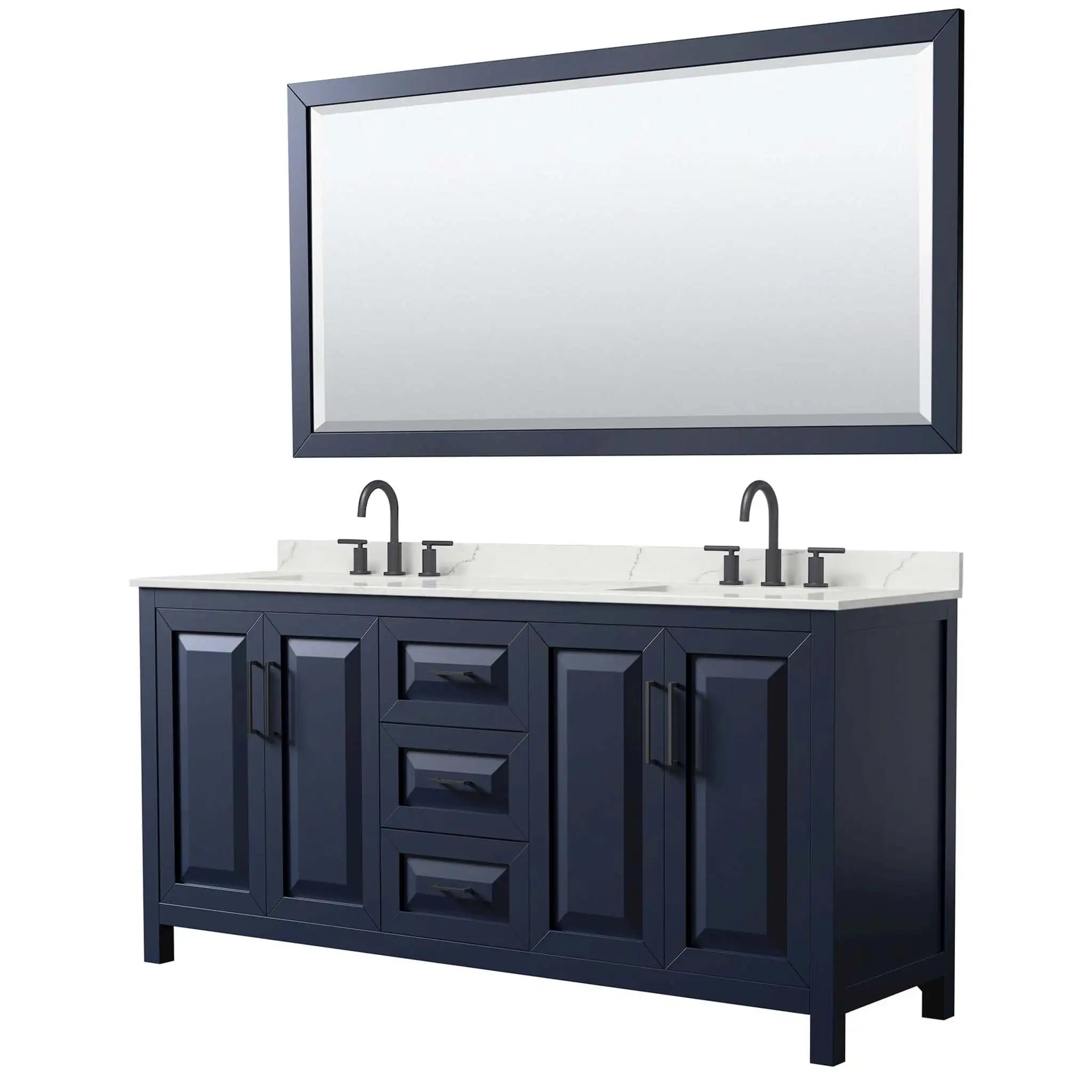 72" Daria Double Bathroom Vanity in Dark Blue with Matte Black Trim & 70" Mirror by Wyndham