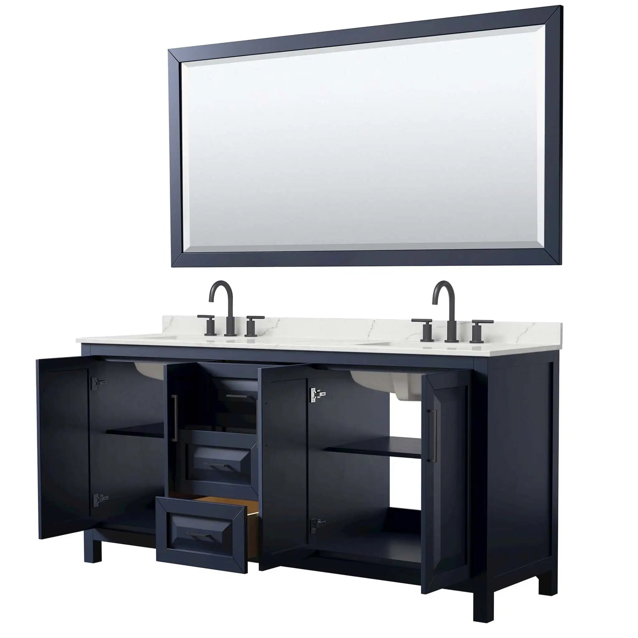 72" Daria Double Bathroom Vanity in Dark Blue with Matte Black Trim & 70" Mirror by Wyndham
