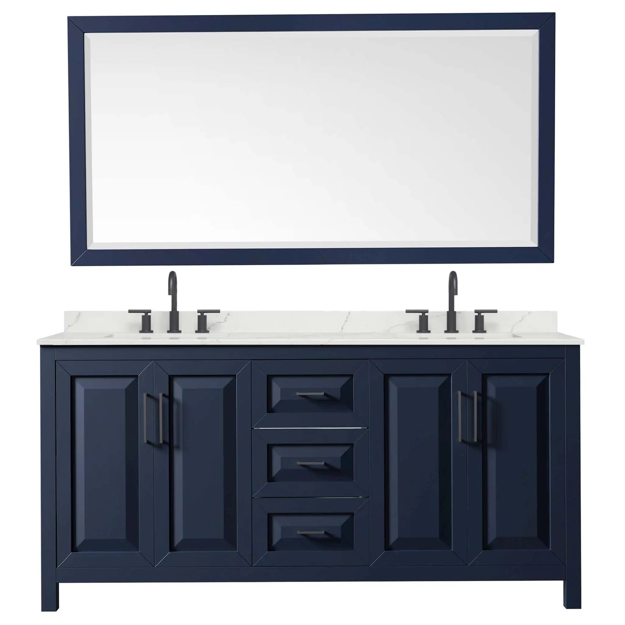 72" Daria Double Bathroom Vanity in Dark Blue with Matte Black Trim & 70" Mirror by Wyndham