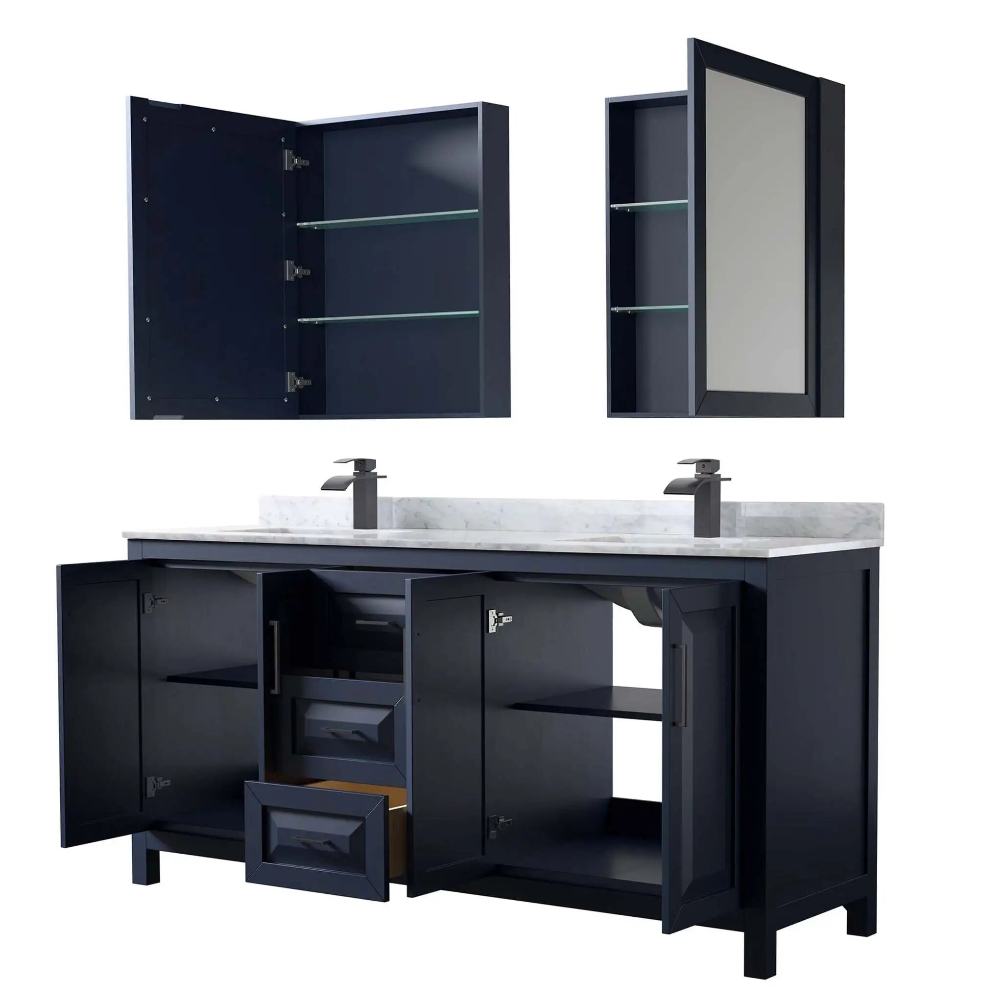 72" Daria Double Bathroom Vanity in Dark Blue with Matte Black Trim & Medicine Cabinet by Wyndham