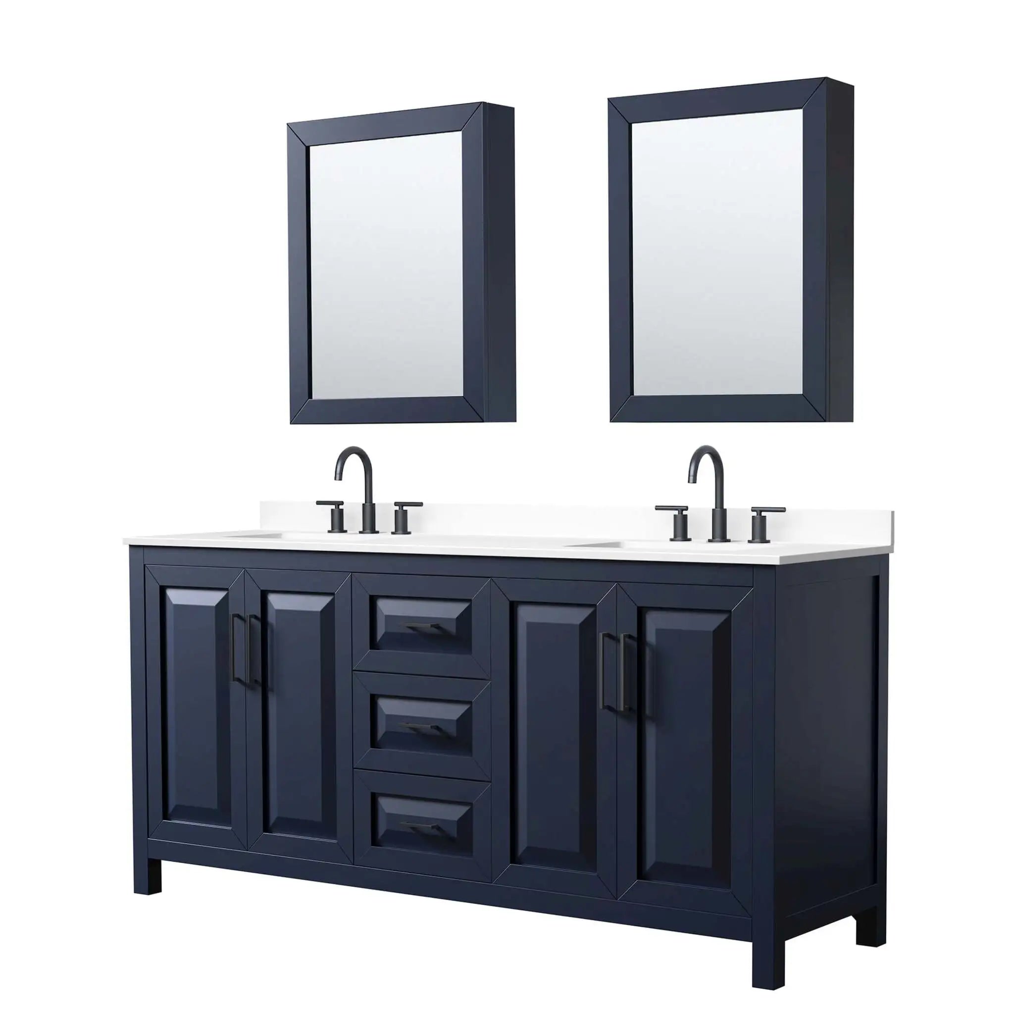 72" Daria Double Bathroom Vanity in Dark Blue with Matte Black Trim & Medicine Cabinet by Wyndham