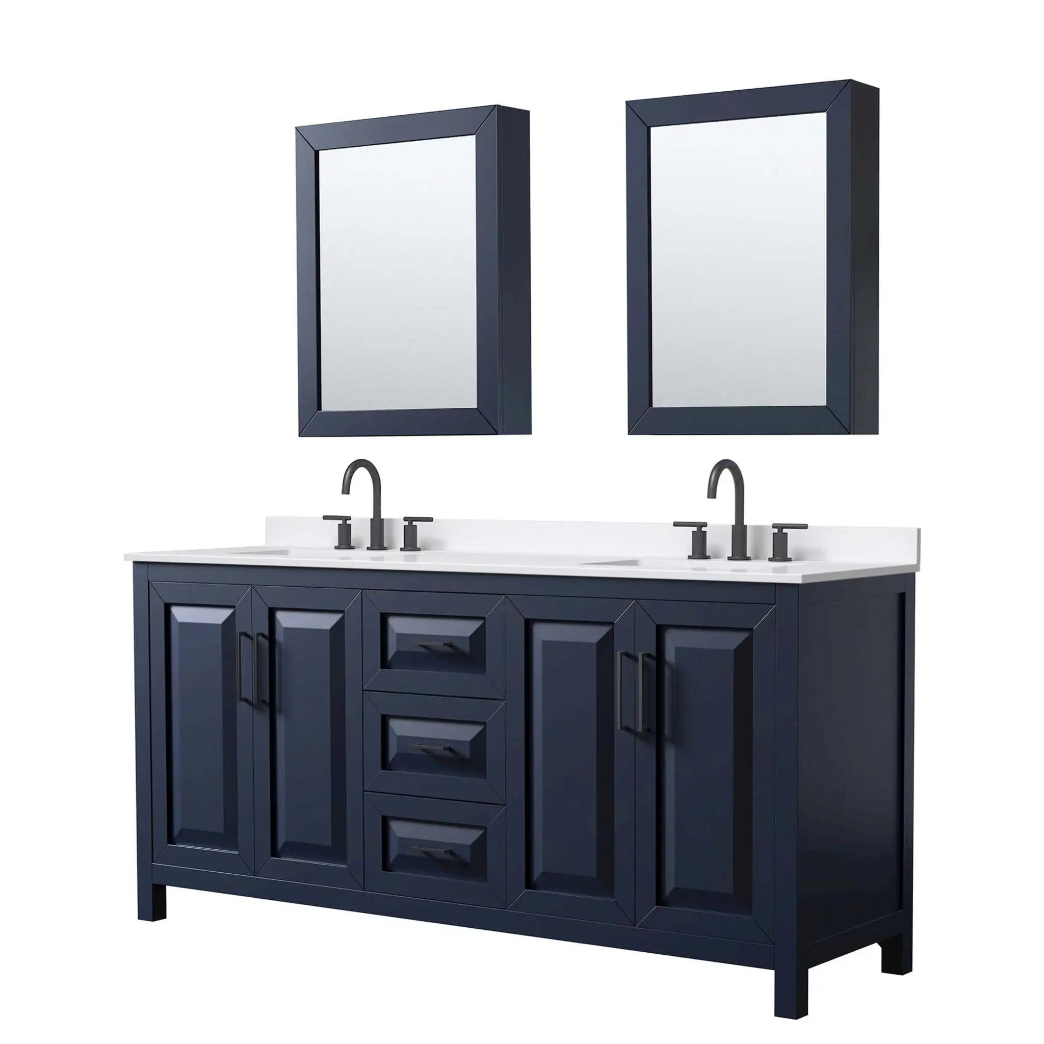 72" Daria Double Bathroom Vanity in Dark Blue with Matte Black Trim & Medicine Cabinet by Wyndham