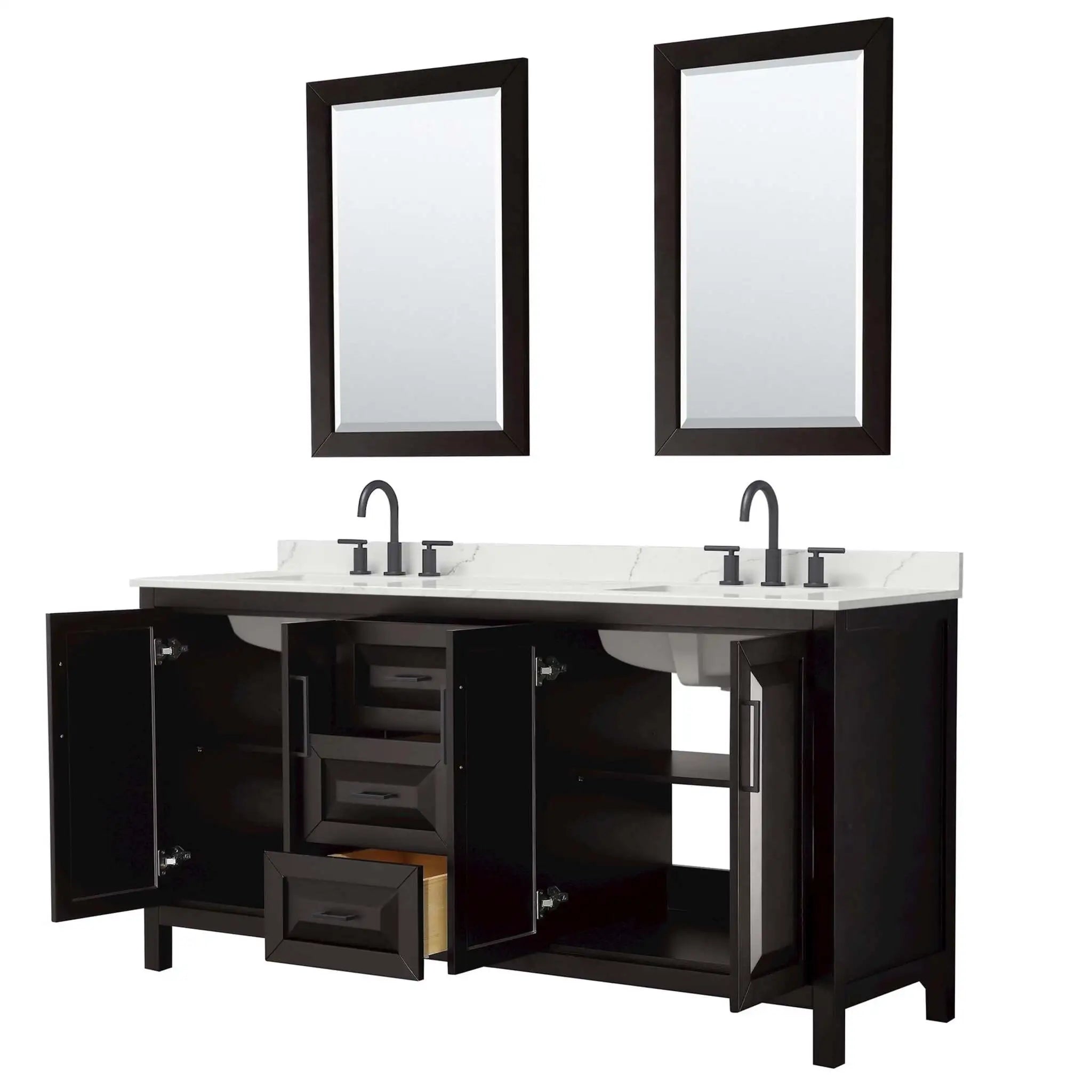 72" Daria Double Bathroom Vanity in Dark Espresso with Matte Black Trim & 24" Mirror by Wyndham