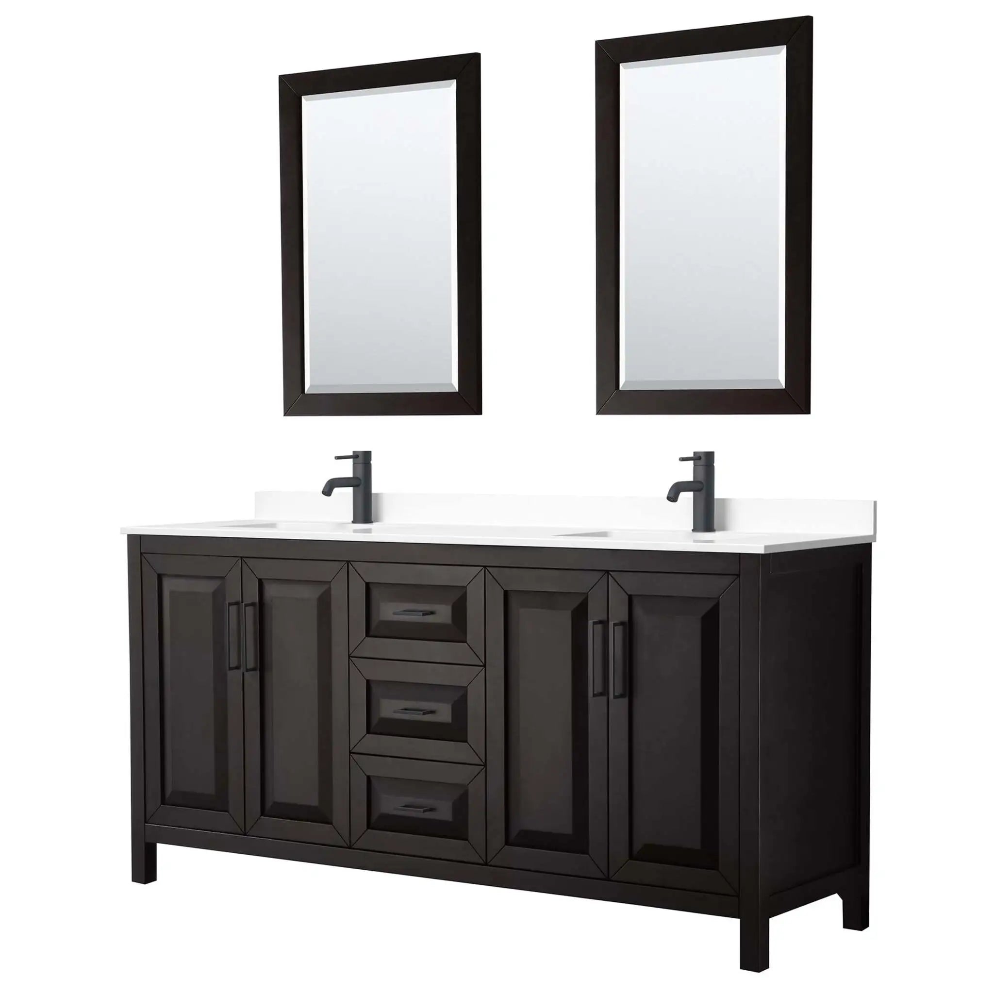 72" Daria Double Bathroom Vanity in Dark Espresso with Matte Black Trim & 24" Mirror by Wyndham