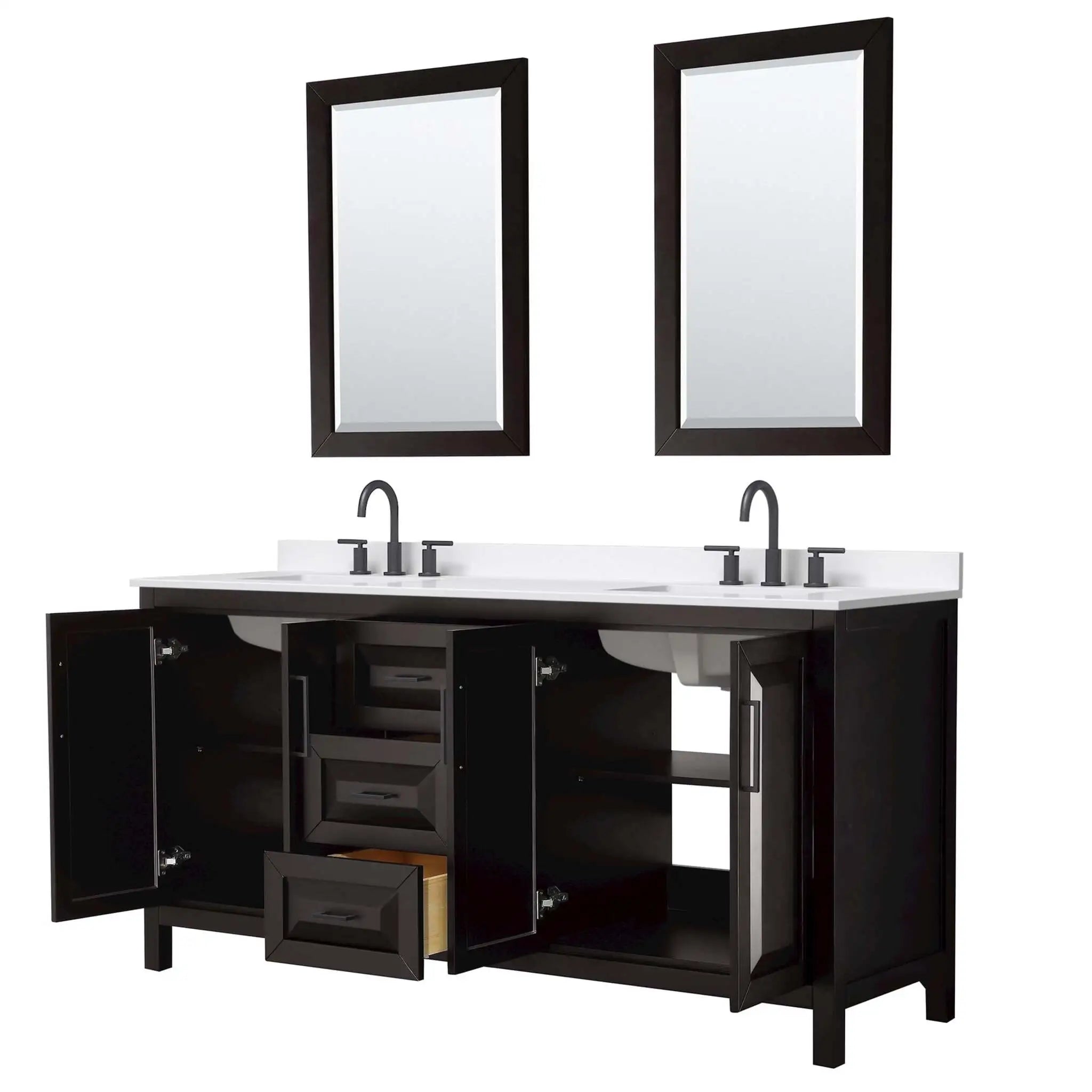 72" Daria Double Bathroom Vanity in Dark Espresso with Matte Black Trim & 24" Mirror by Wyndham
